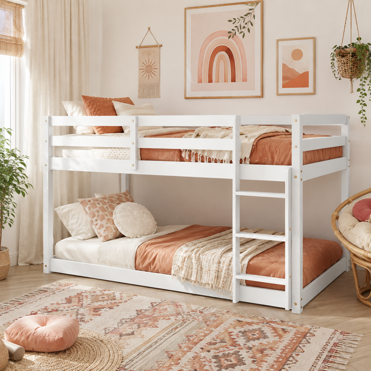 Korlis white twin over twin floor bunk bed beside a plant and woven baskets in a bedroom