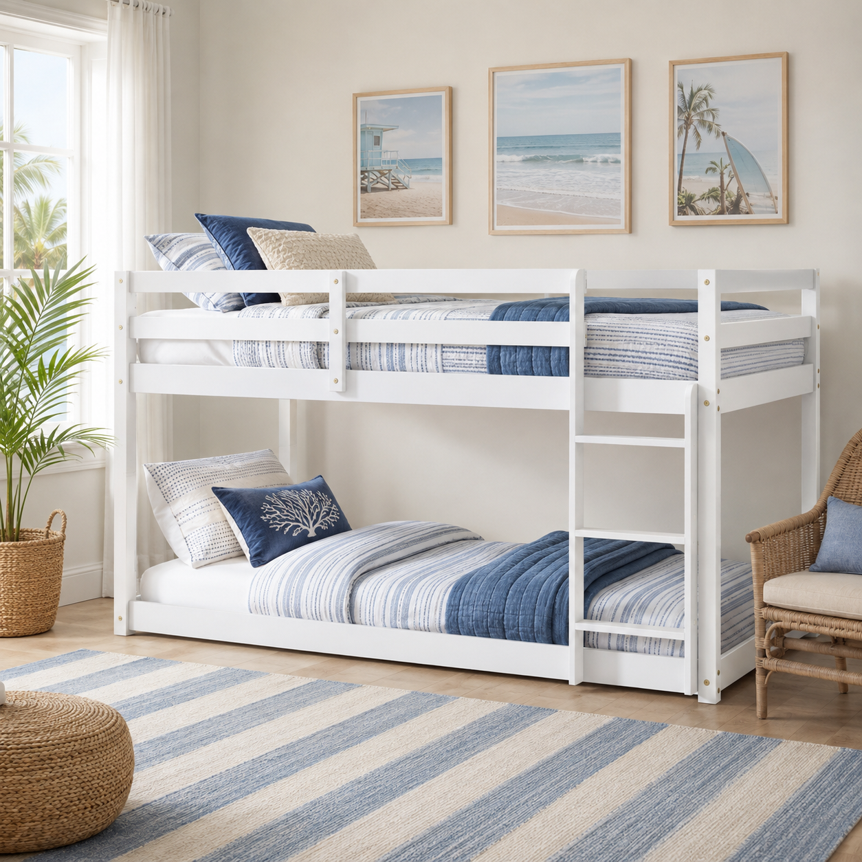 Korlis white twin over twin floor bunk bed beside a plant and woven baskets in a bedroom
