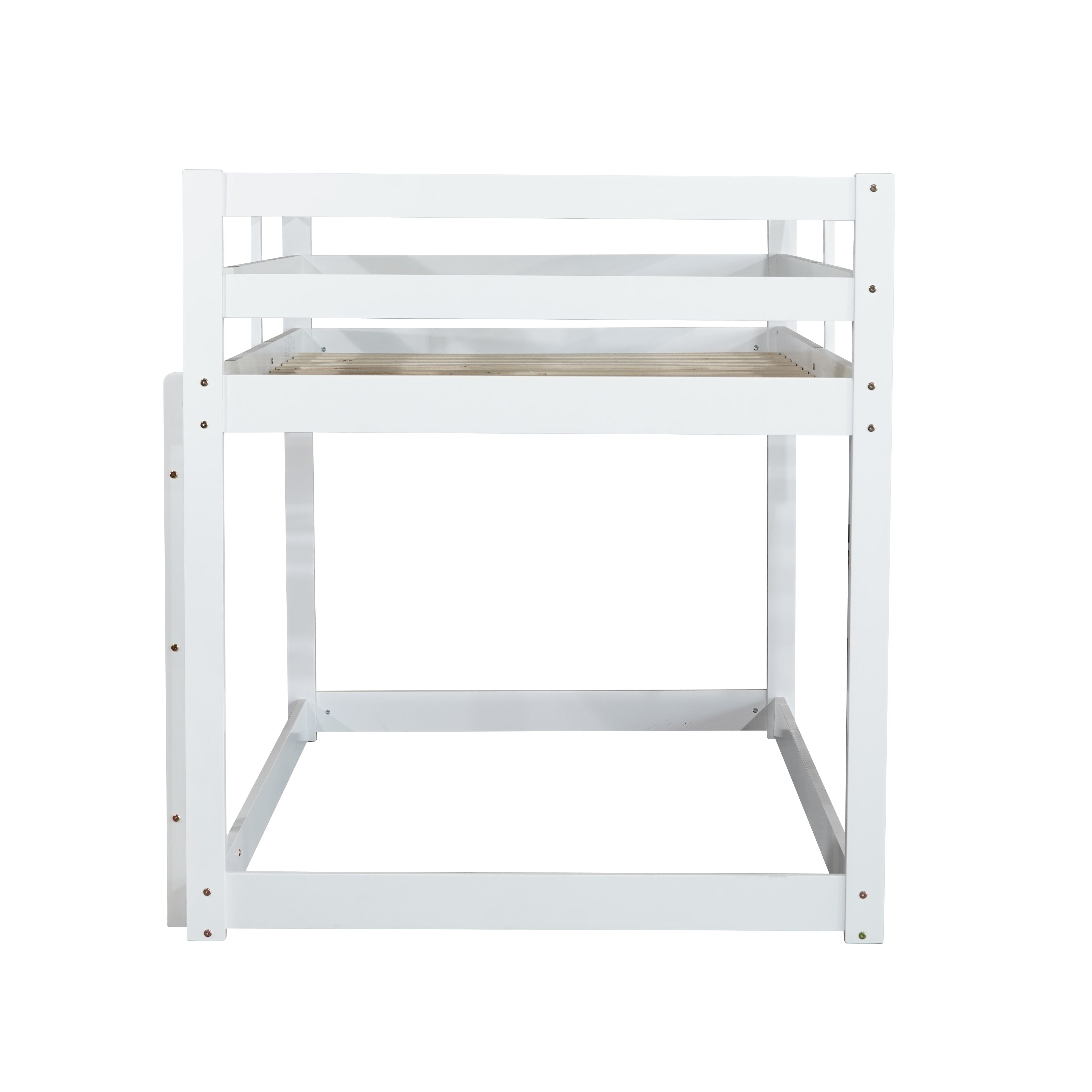 Korlis white twin over twin floor bunk bed side view on white background