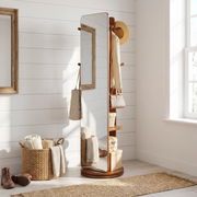 Laneway walnut full-length mirror showing angled front view with open shelf storage