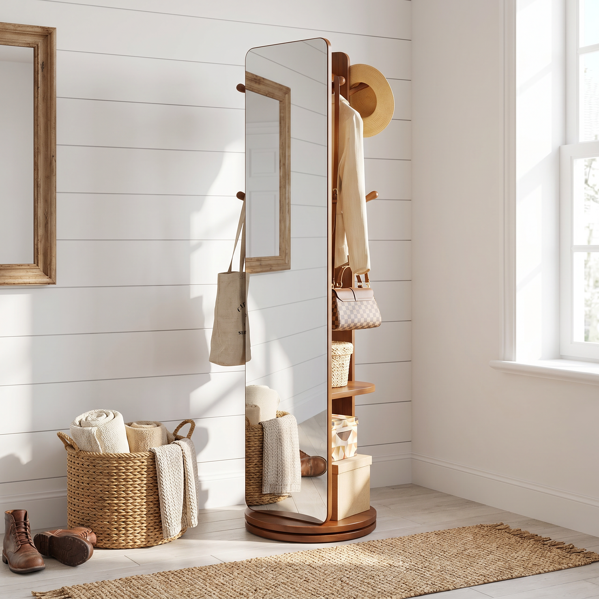 Laneway walnut full-length mirror showing angled front view with open shelf storage