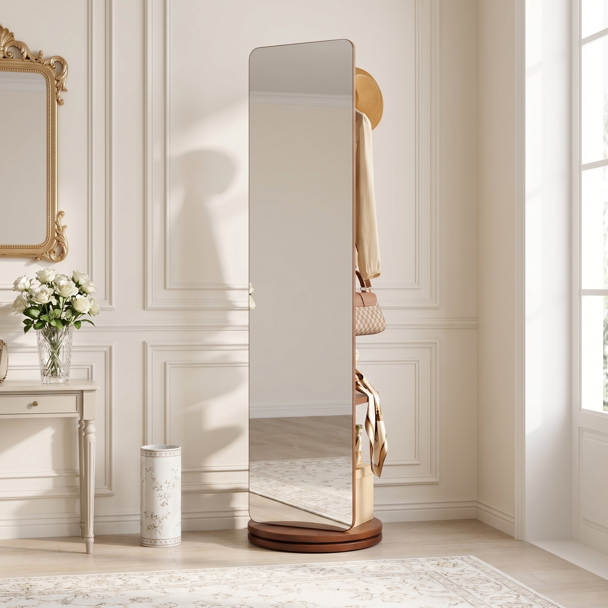 Laneway walnut full-length mirror showing side angle in an entryway