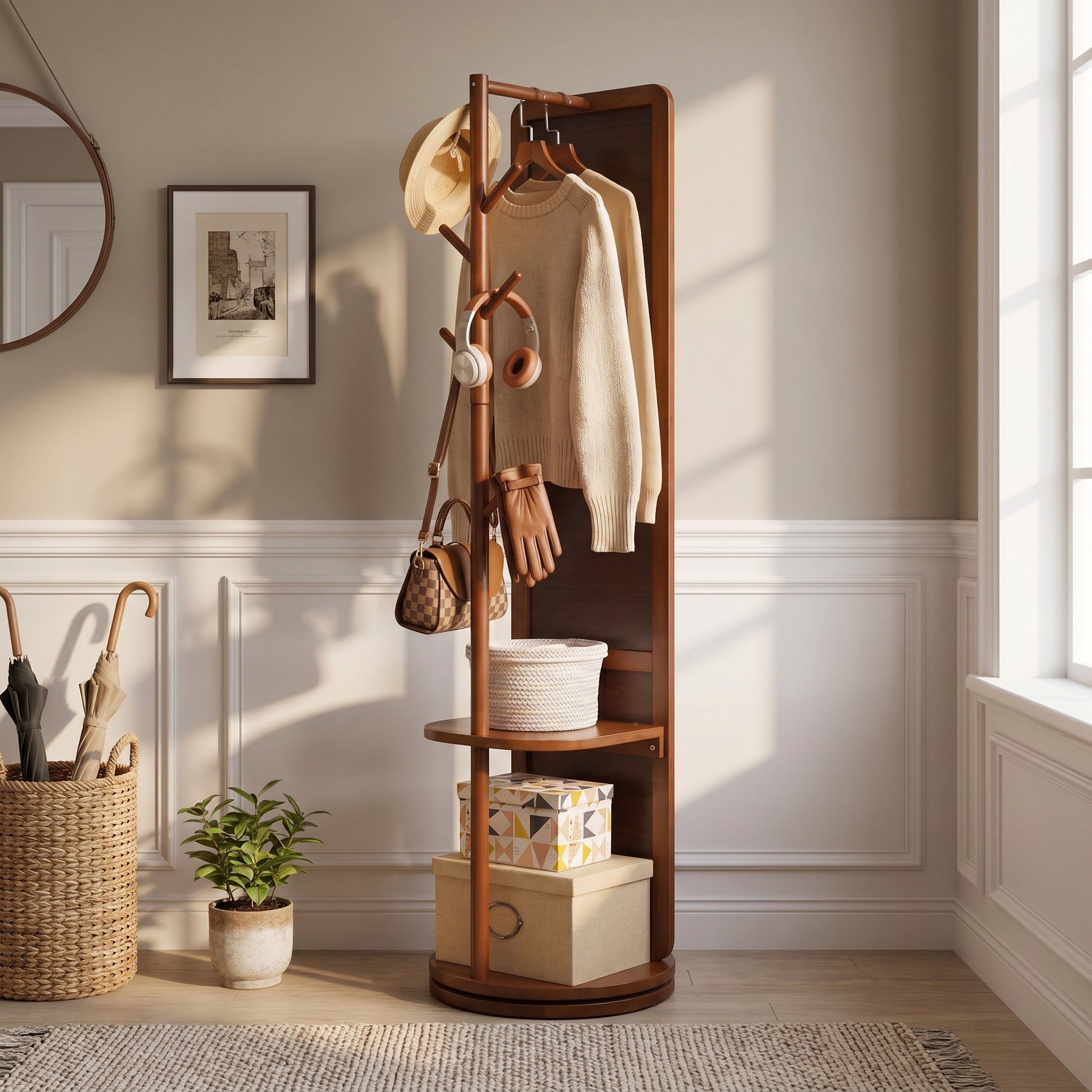 Laneway walnut full-length mirror showing front view with open shelf storage