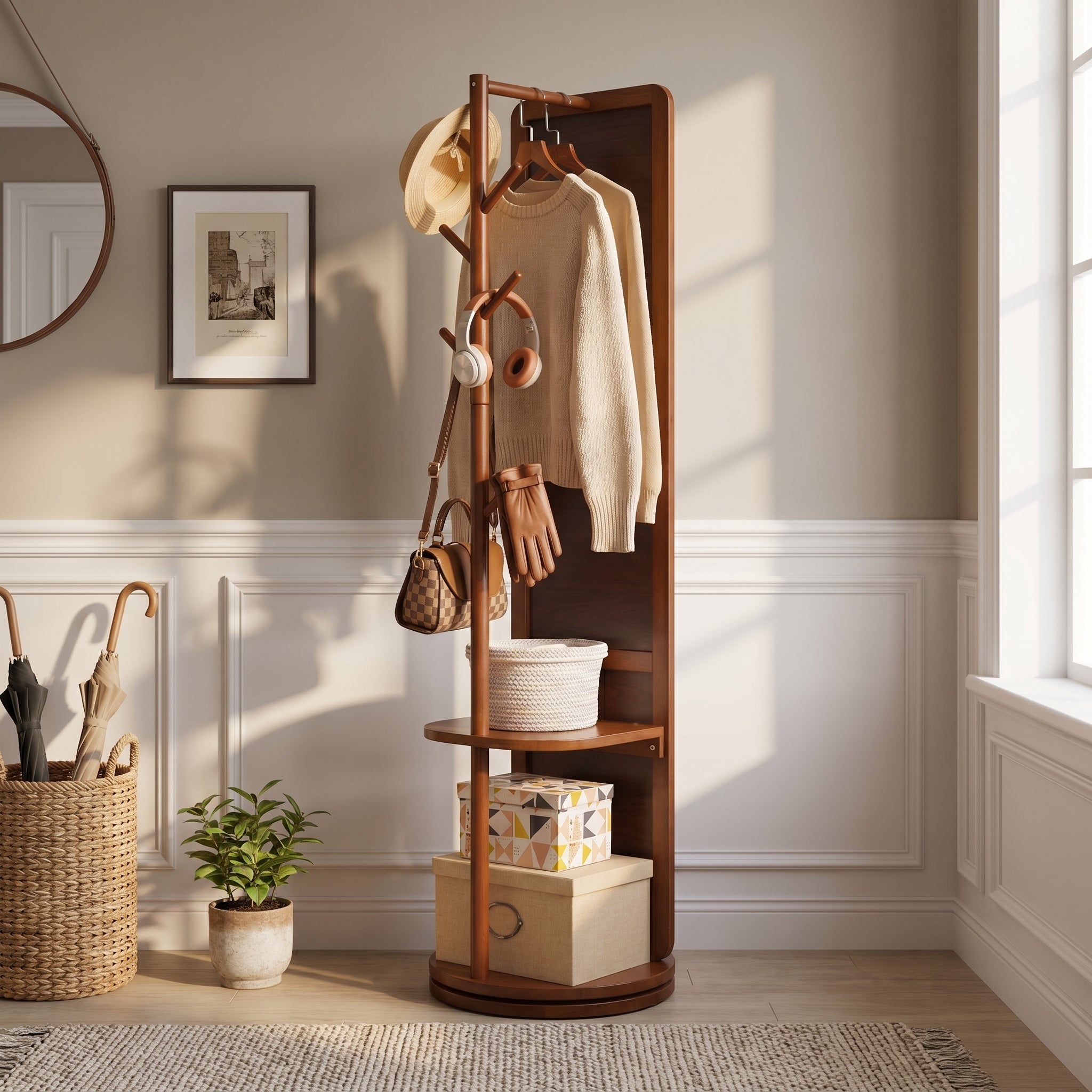 Laneway walnut full-length mirror showing front view with open shelf storage