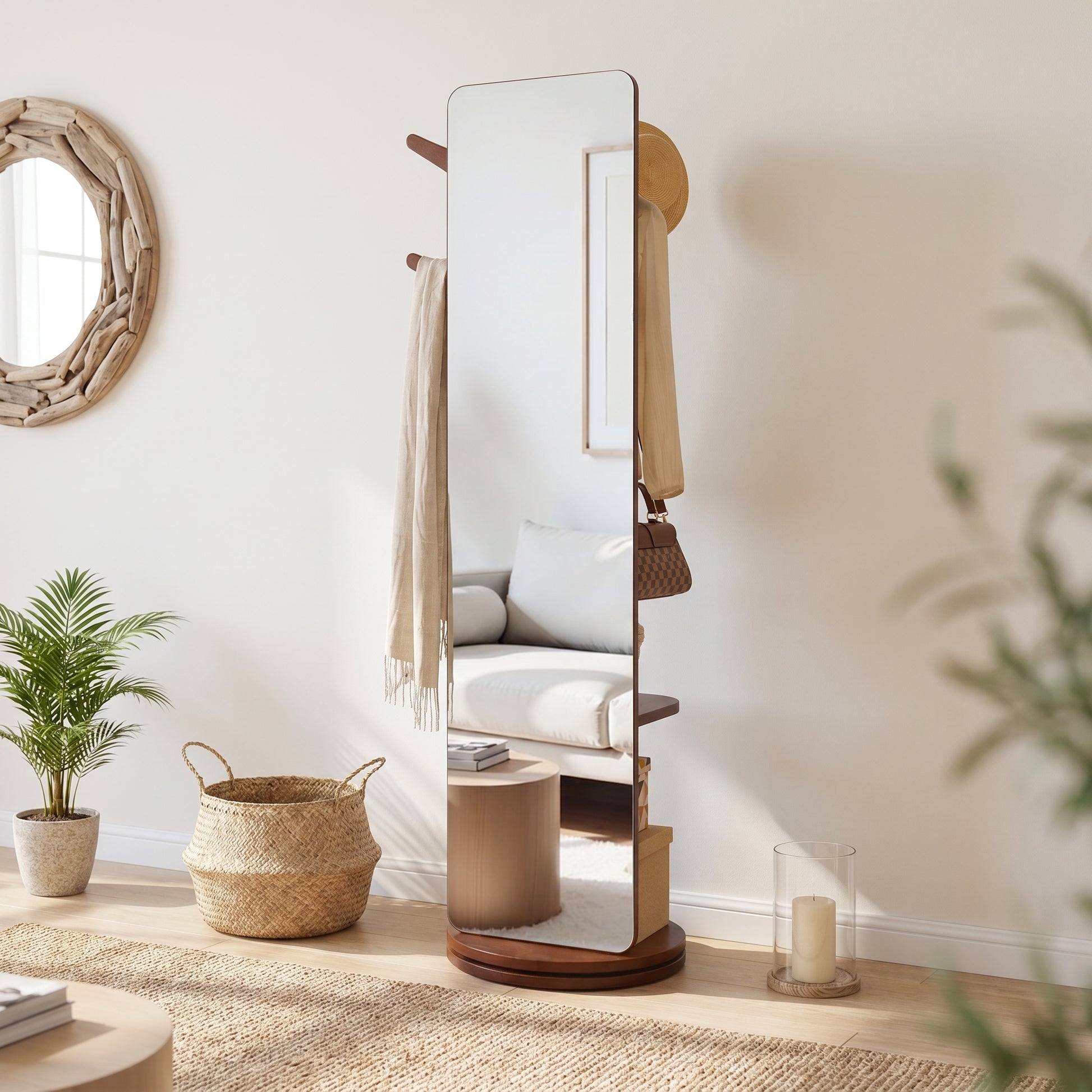 Laneway walnut full-length mirror showing reflective view with storage shelf