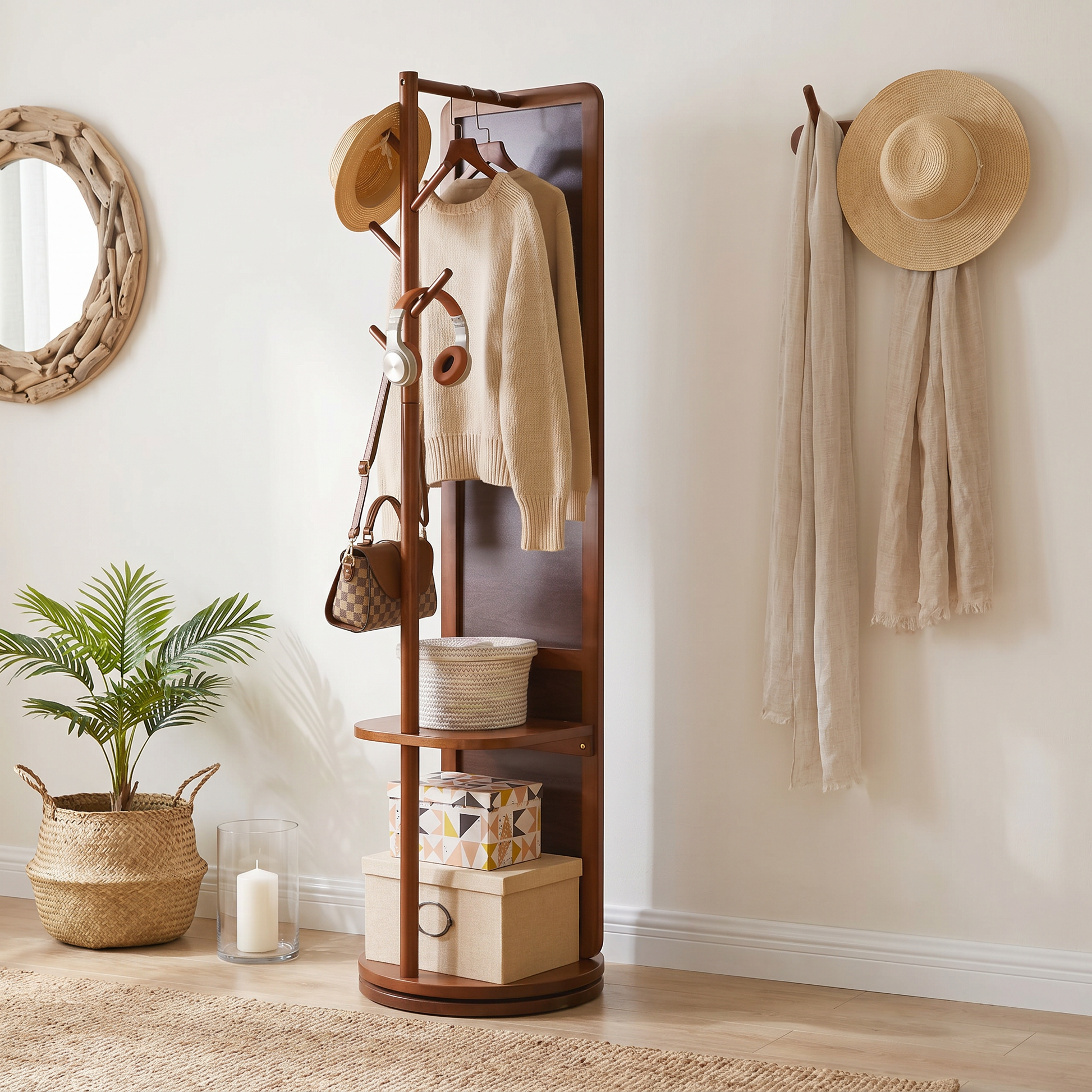 Laneway walnut full-length mirror showing freestanding placement in an entryway