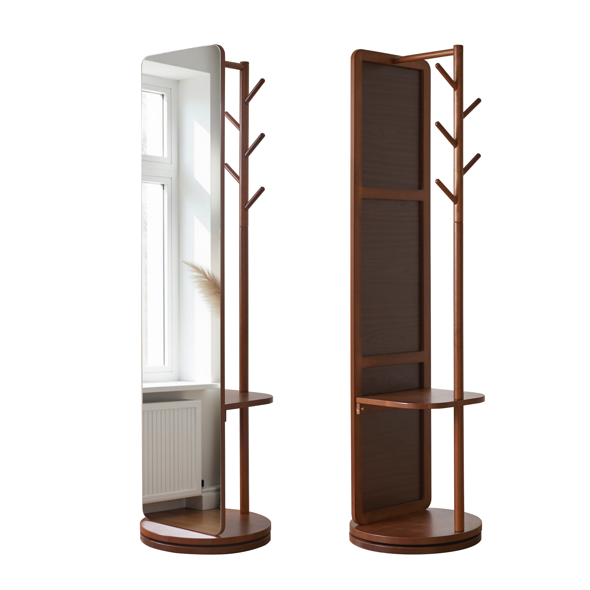 Laneway walnut full-length mirror showing front and rear views isolated on white background