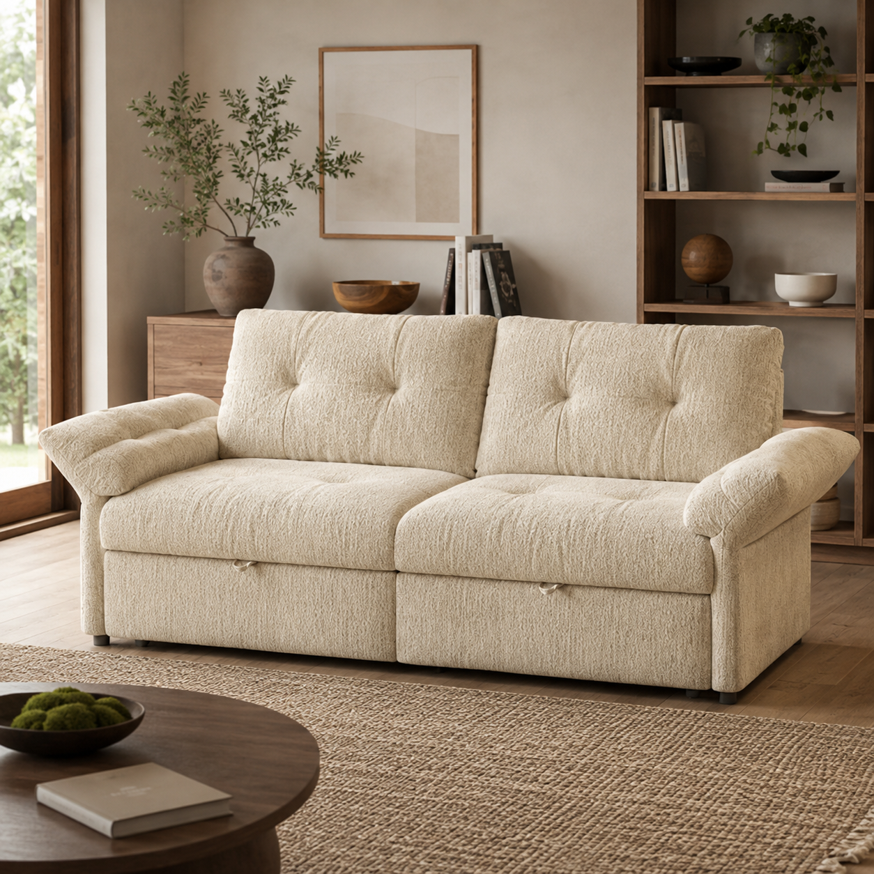 Langford beige oversized pull-out sofa bed shown in a living room