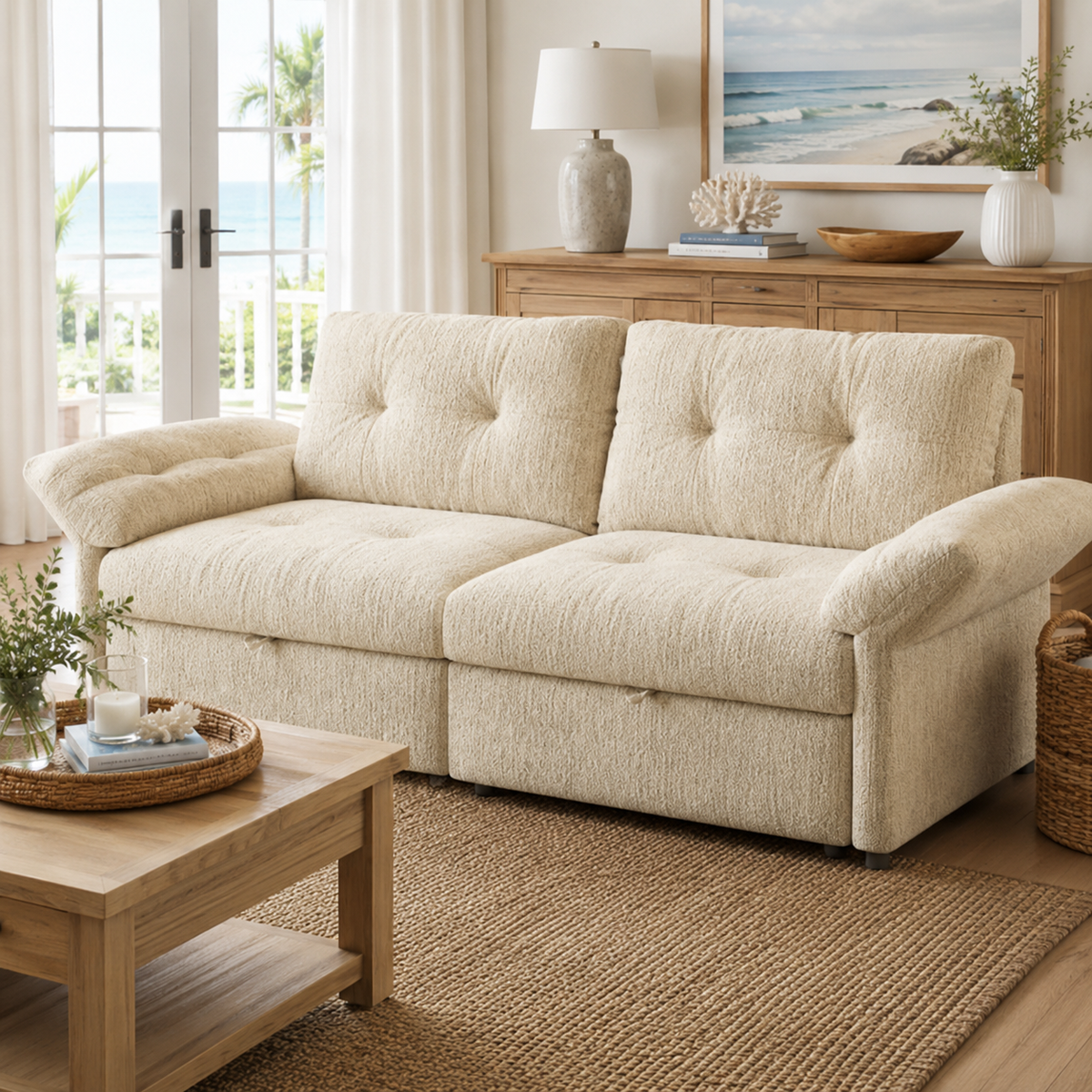Langford beige oversized pull-out sofa bed styled in a living room