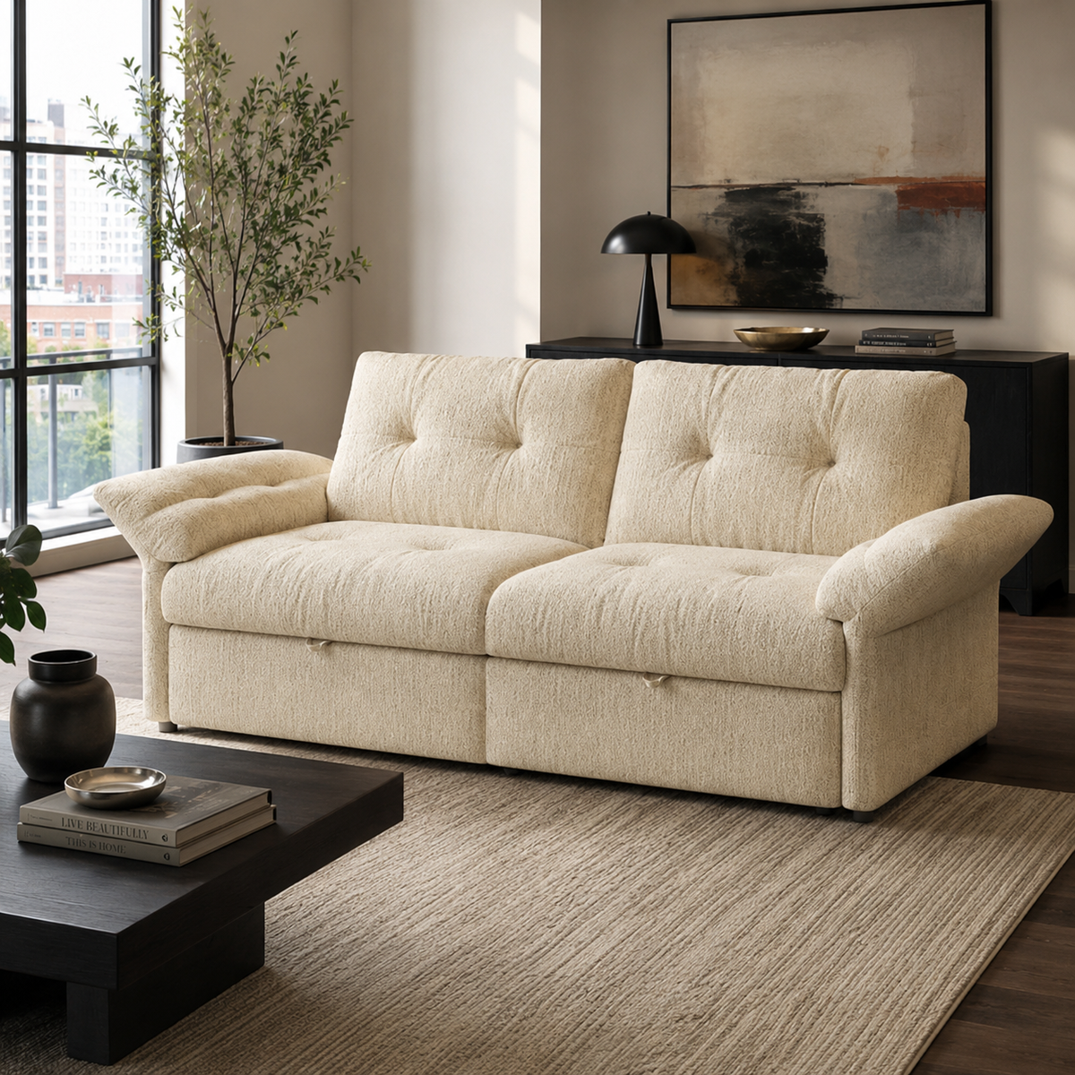 Langford beige pull-out sofa bed fully extended in a living room