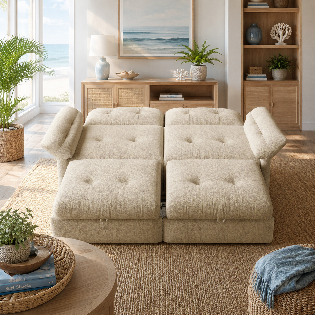 Langford beige pull-out sofa bed fully extended in a living room