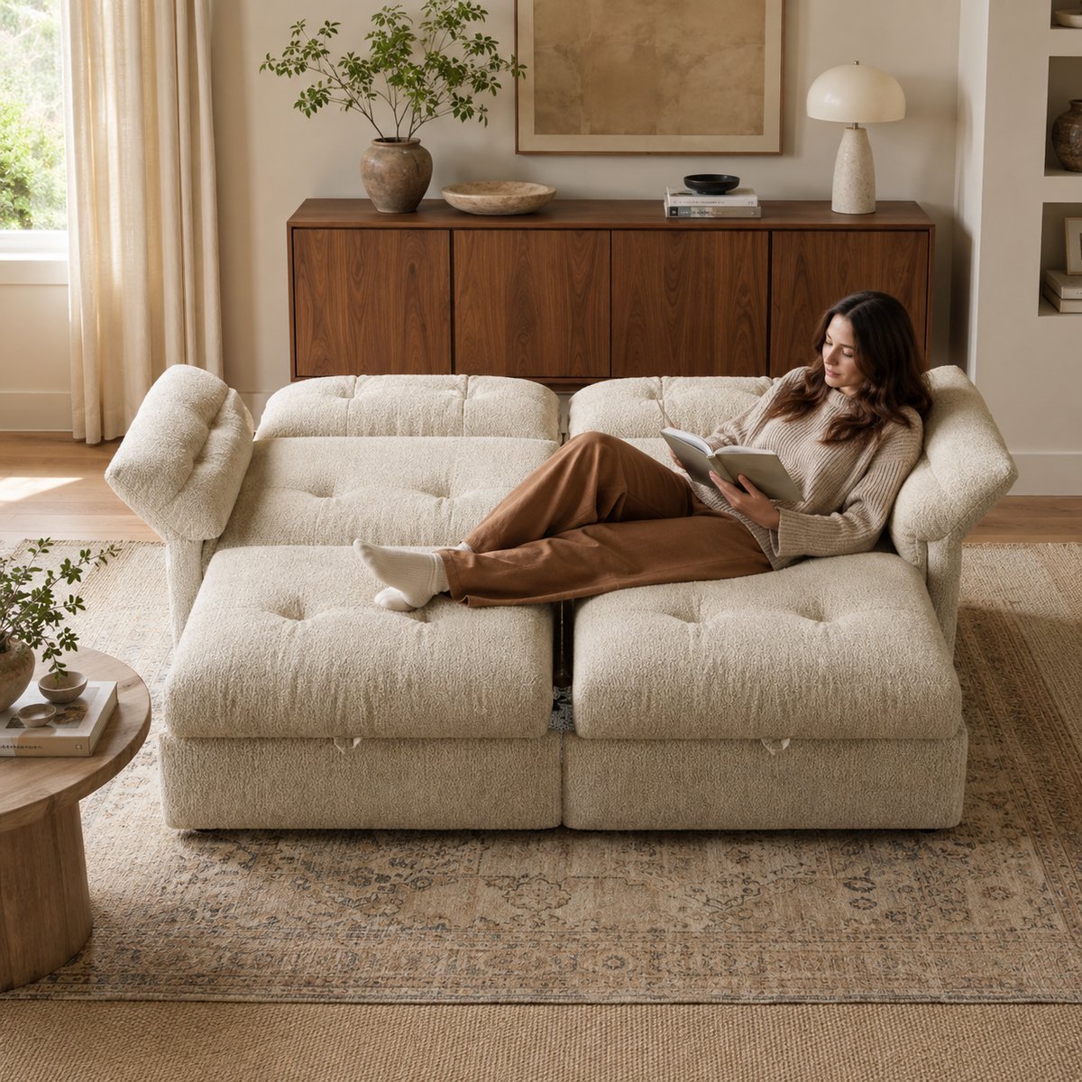 Langford beige oversized pull-out sofa bed with a person relaxing on it