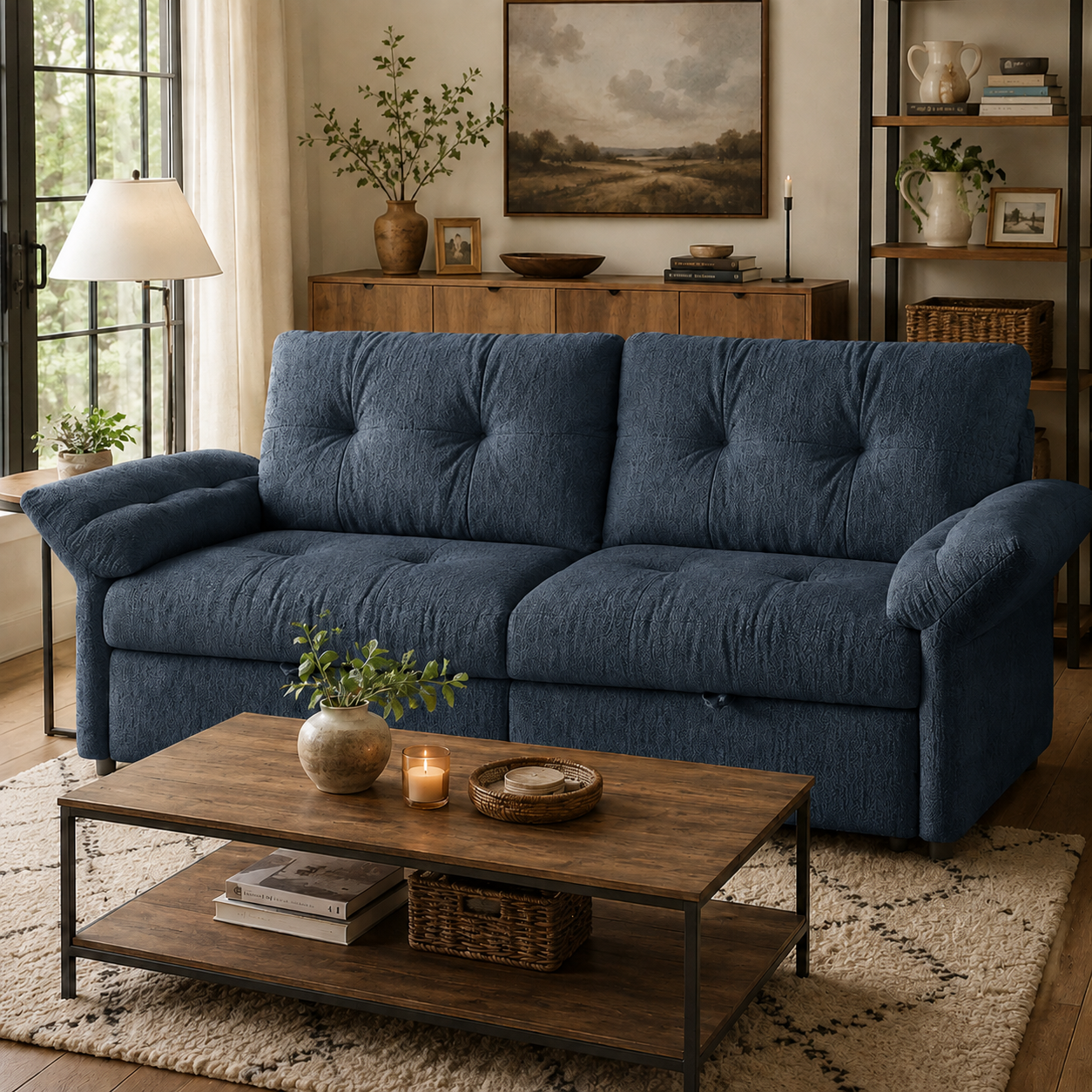 Langford blue oversized pull-out sofa bed shown in a living room