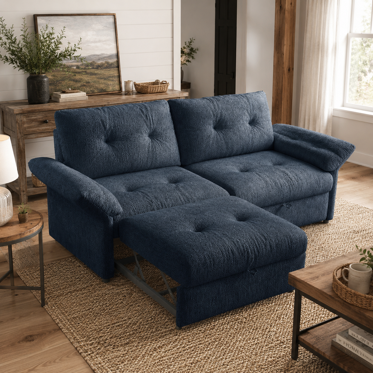Langford blue oversized pull-out sofa bed with coffee table in living room