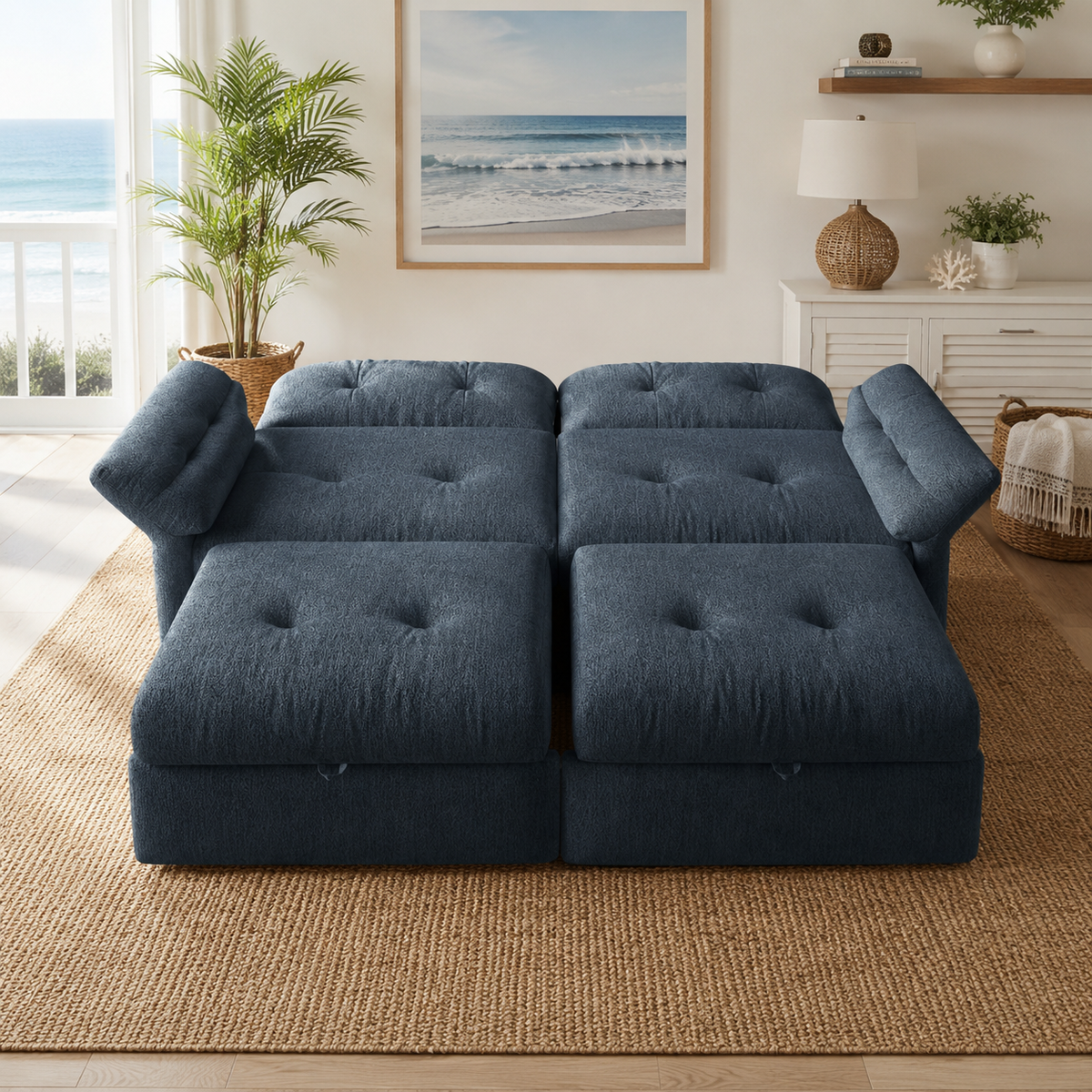 Langford blue pull-out sofa bed partially extended in a living room