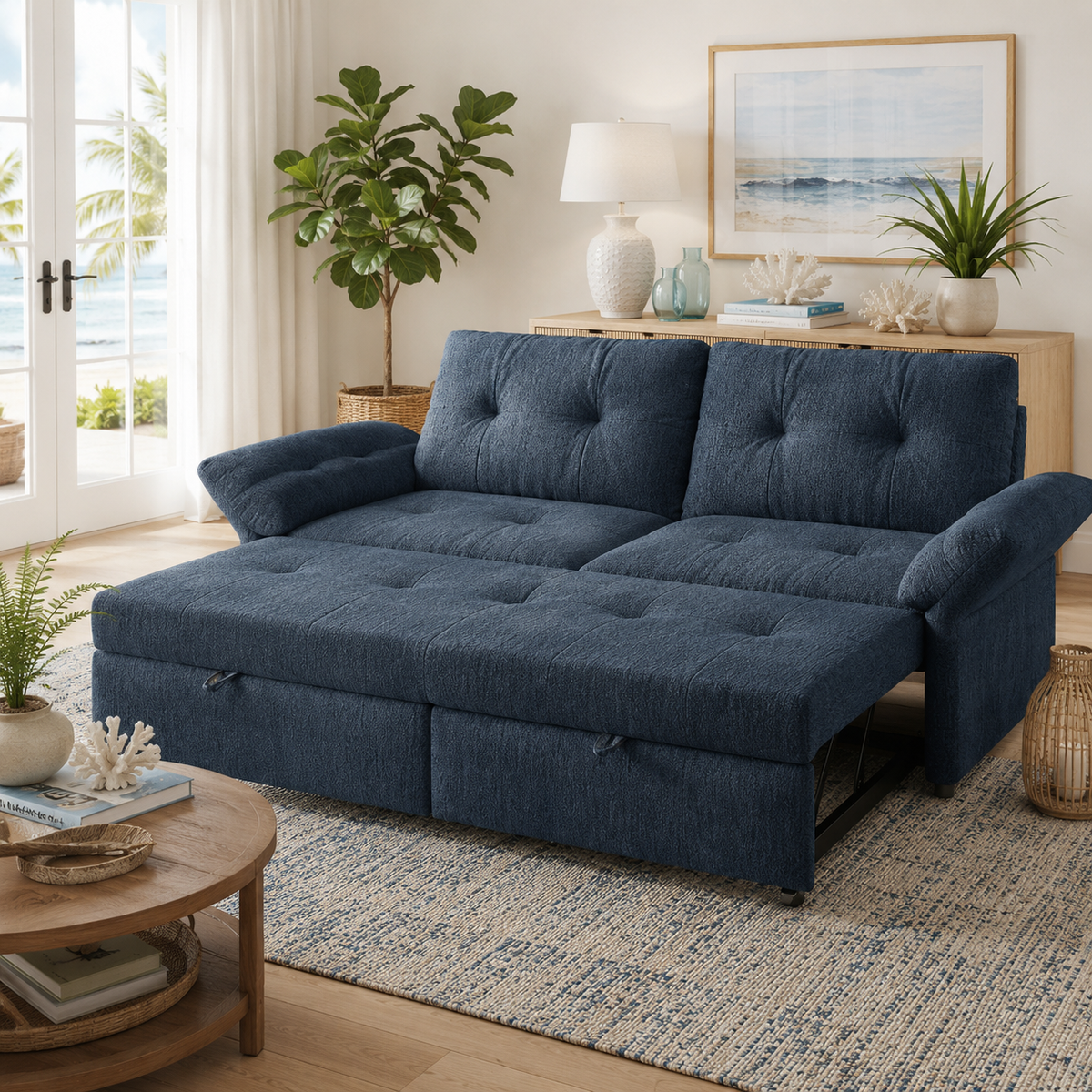 Langford blue pull-out sofa bed partially extended in a living room