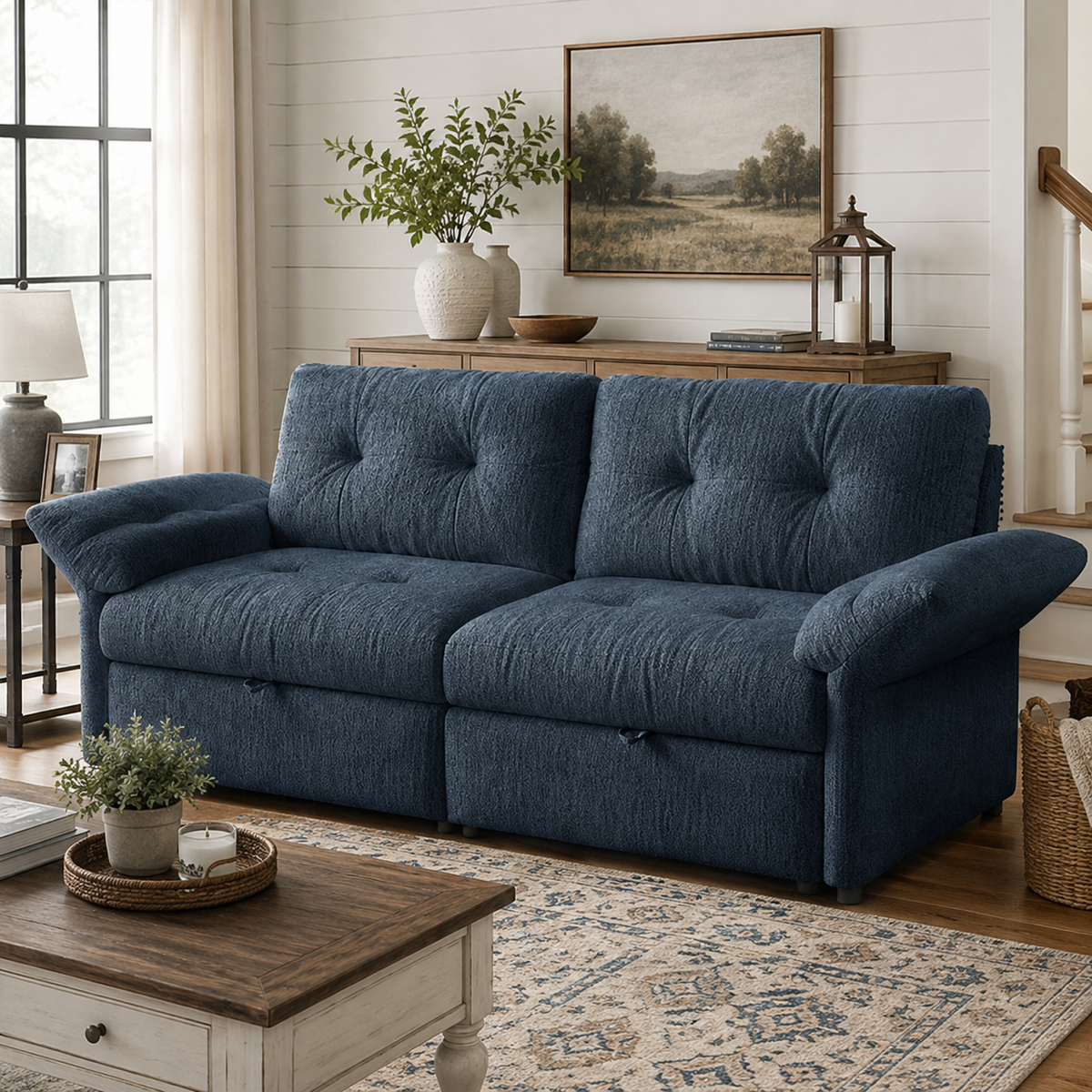 Langford blue pull-out sofa bed partially extended in a living room