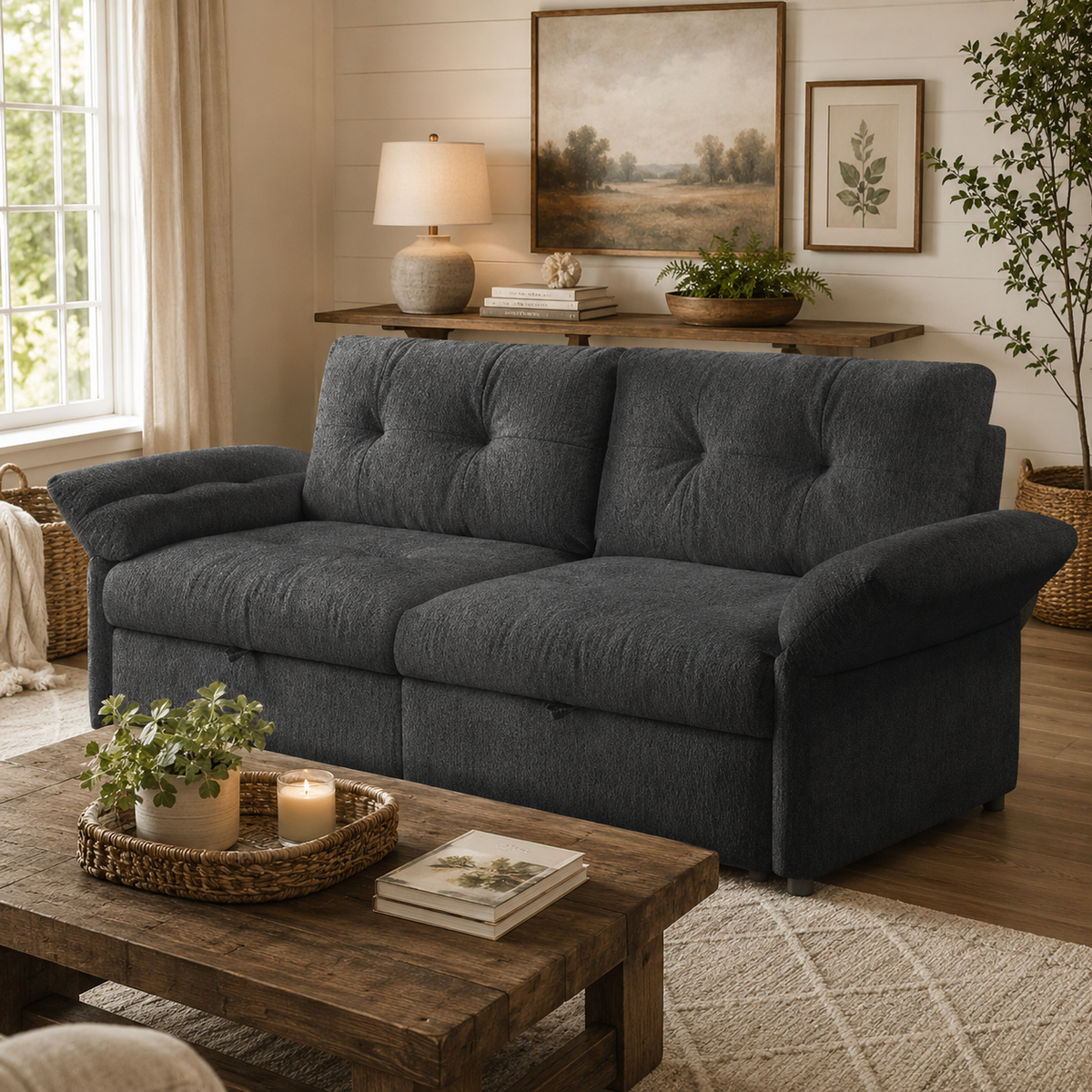 Langford gray oversized pull-out sofa bed shown in a living room