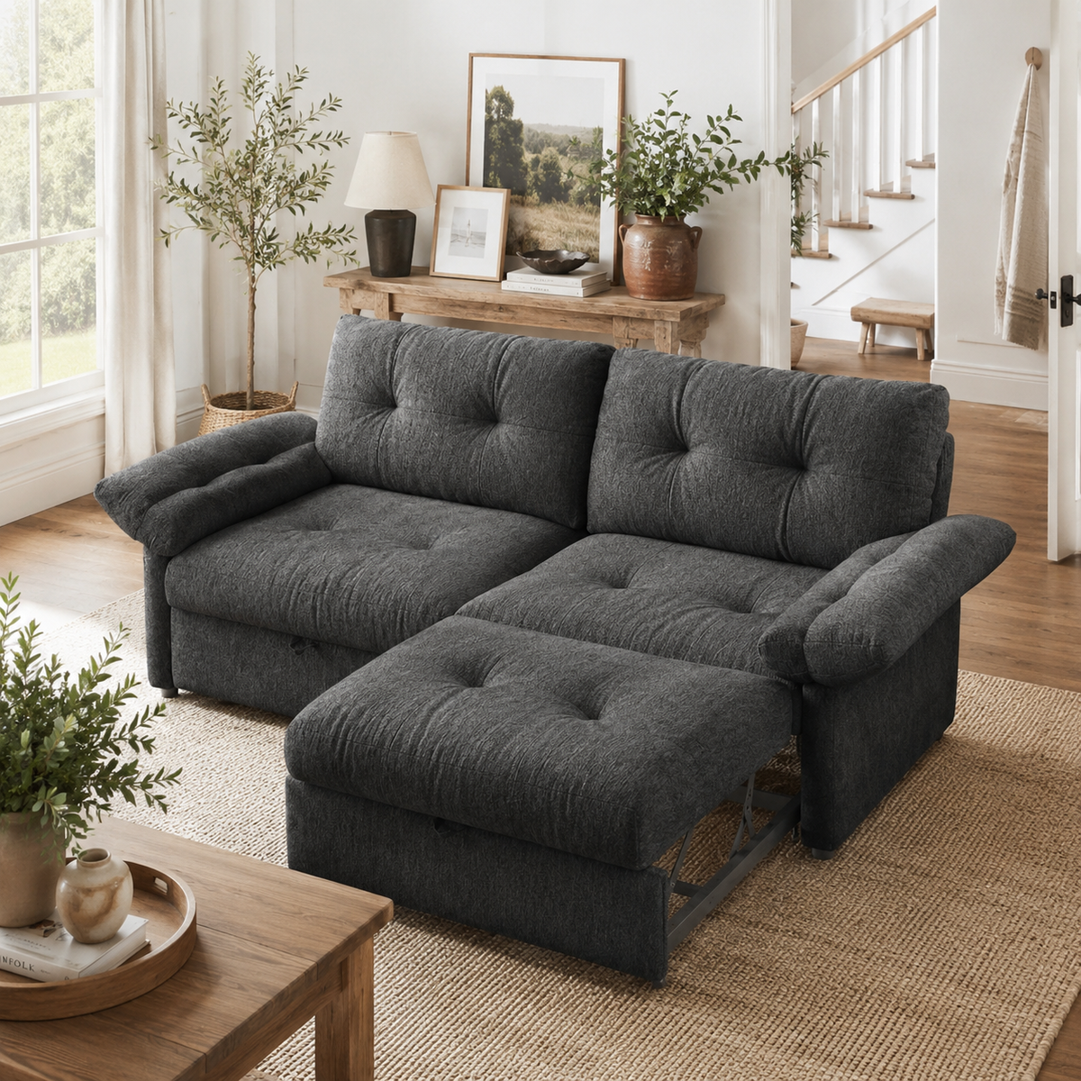 Langford gray oversized pull-out sofa bed styled in a living room
