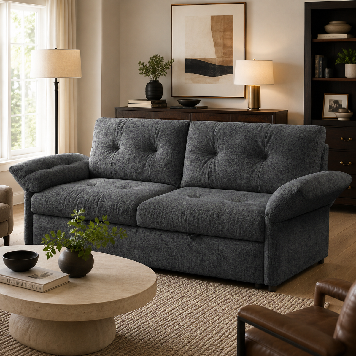 Langford gray pull-out sofa bed extended in a living room