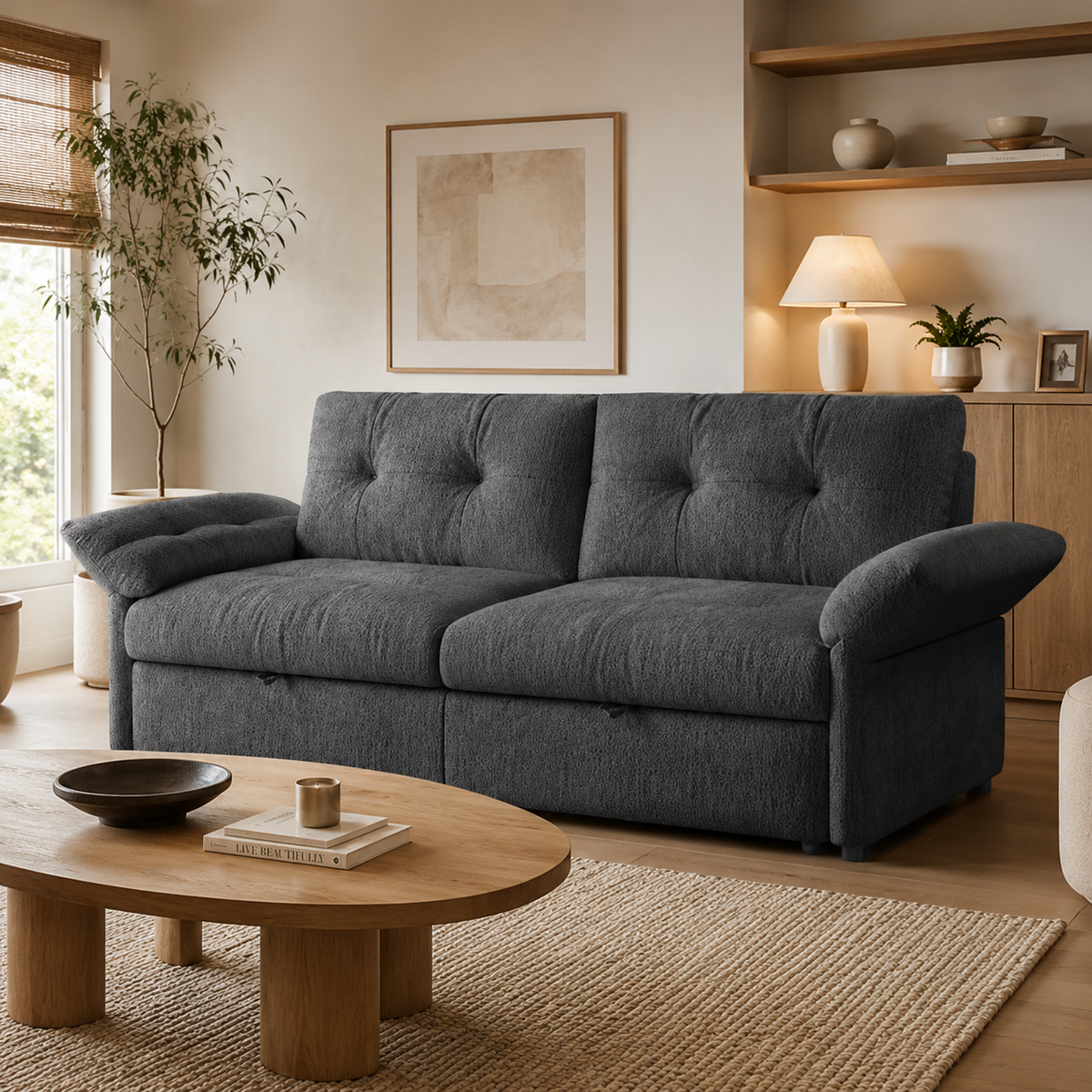 Langford gray oversized pull-out sofa bed with coffee table in living room