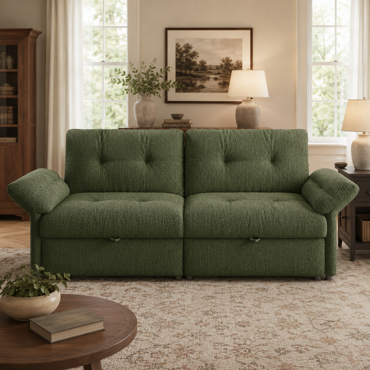 Langford green oversized pull-out sofa bed with coffee table in living room