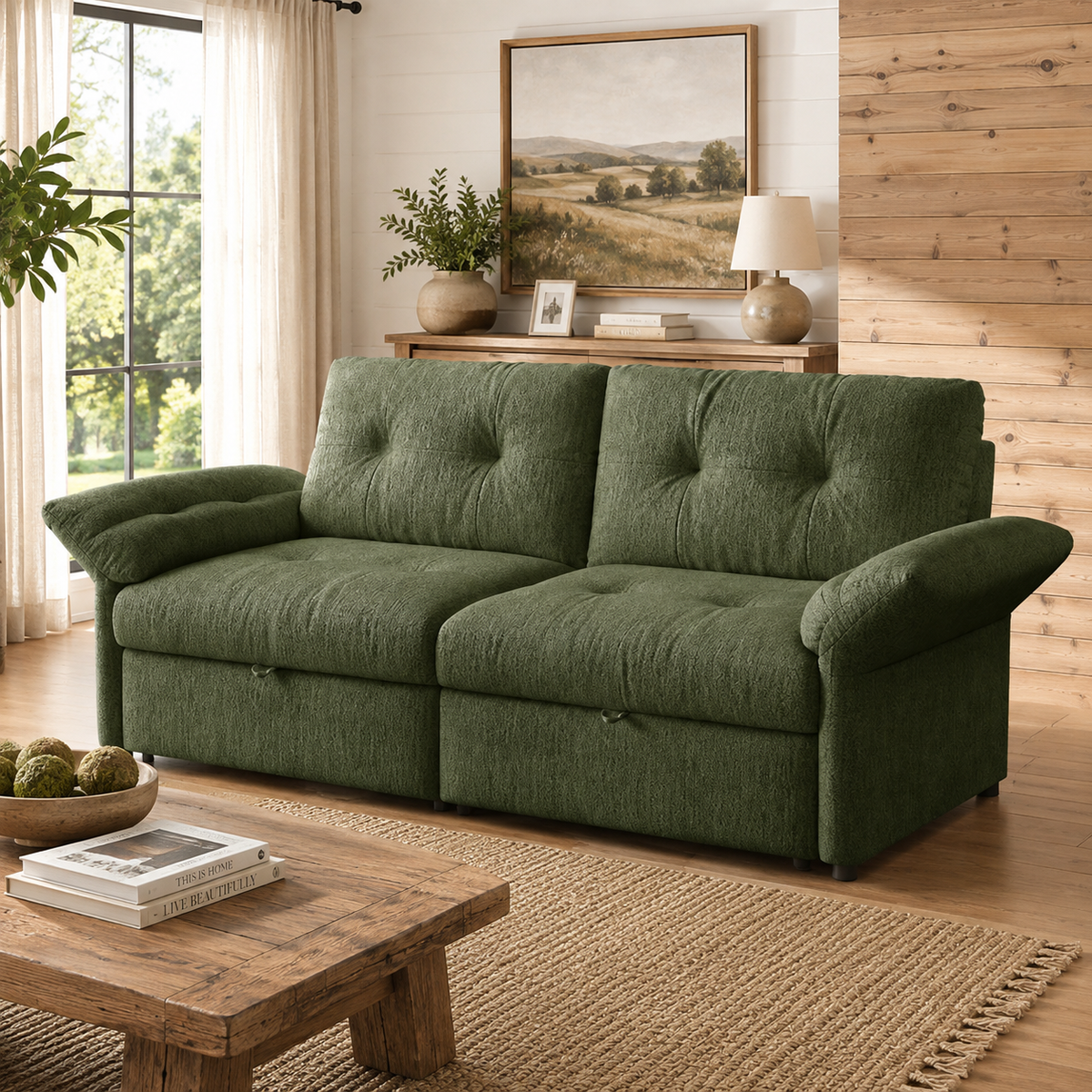 Langford green oversized pull-out sofa bed shown at an angled view in a living room