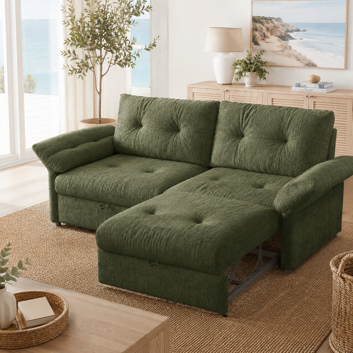 Langford green pull-out sofa bed partially extended in a living room