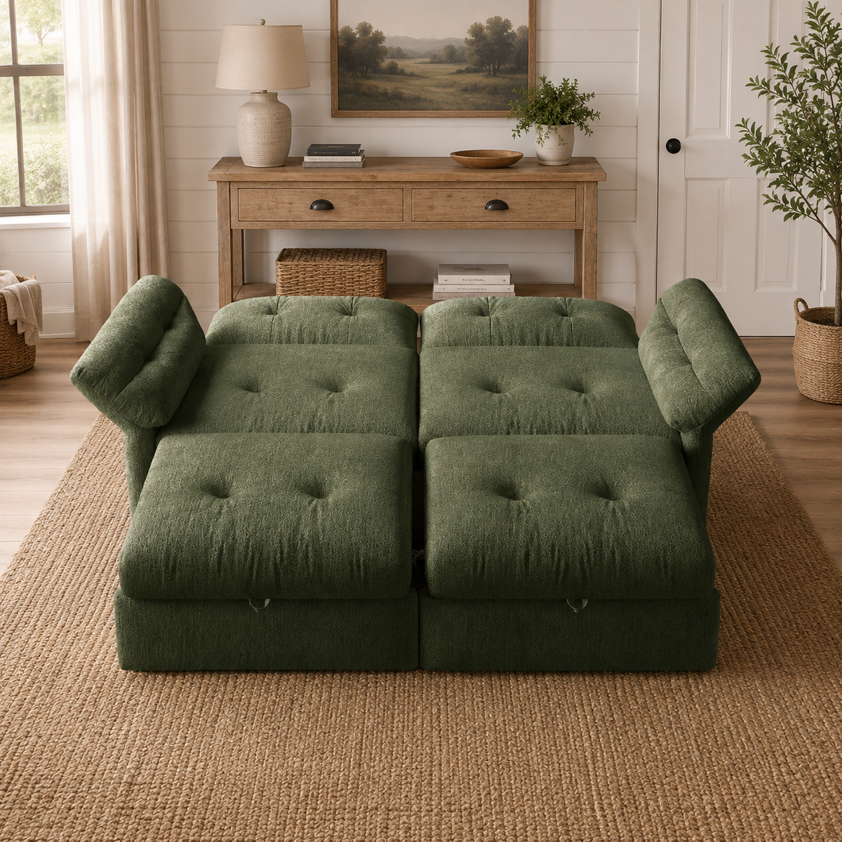 Langford green pull-out sofa bed fully extended as a sleeper in a living room