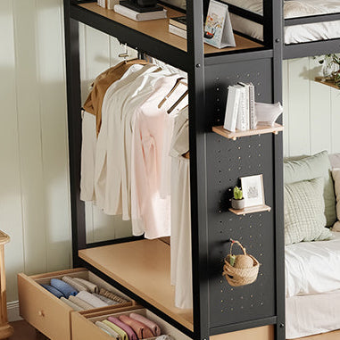 Lilwen black loft bed showing open wardrobe detail