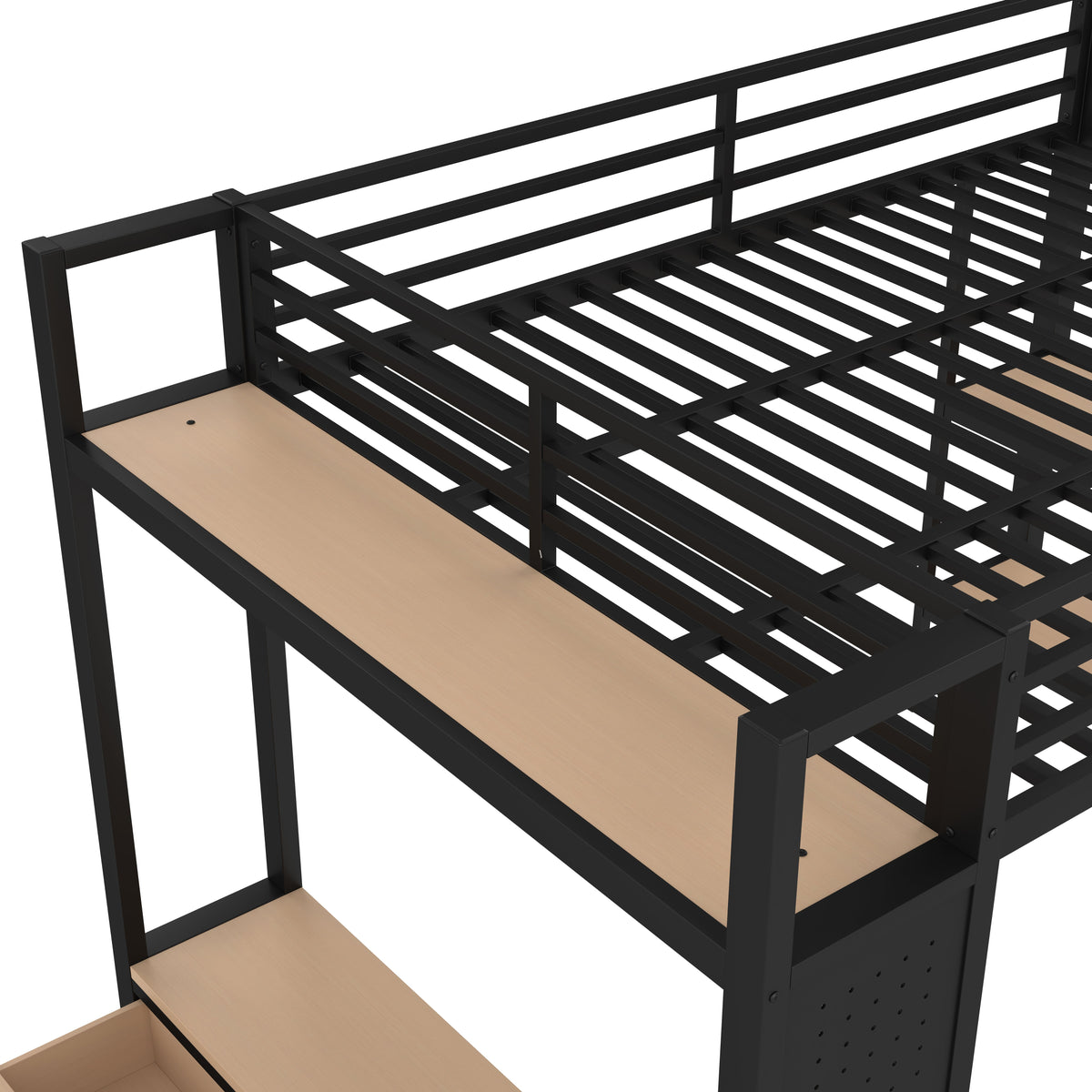 Lilwen black loft bed showing underbed storage shelf detail