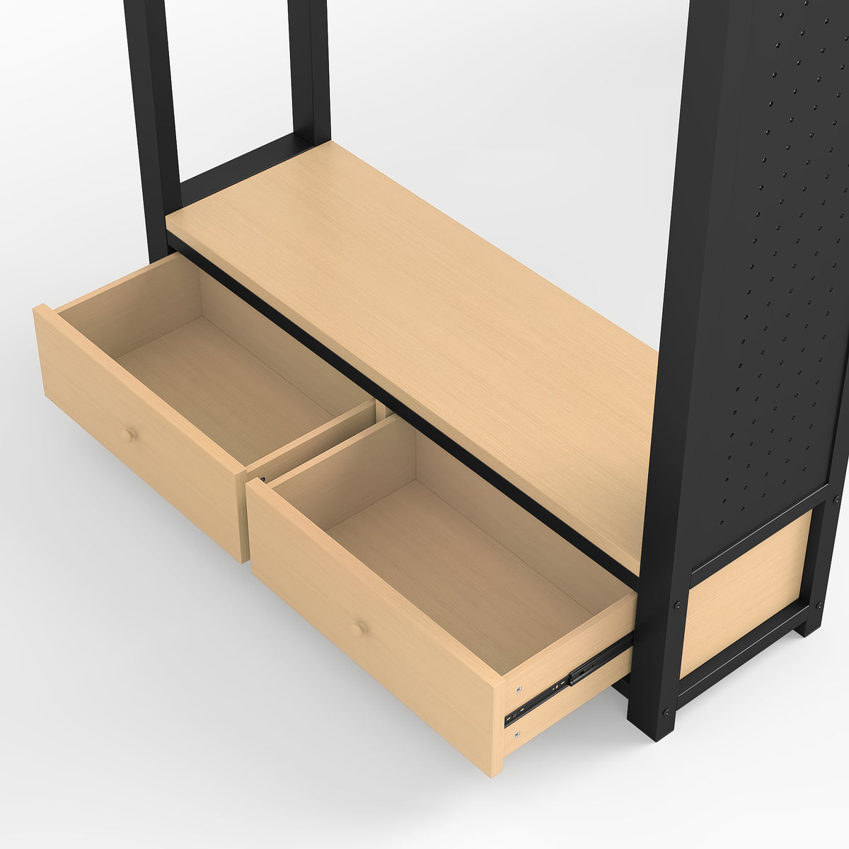 Lilwen black loft bed showing lower storage drawer detail