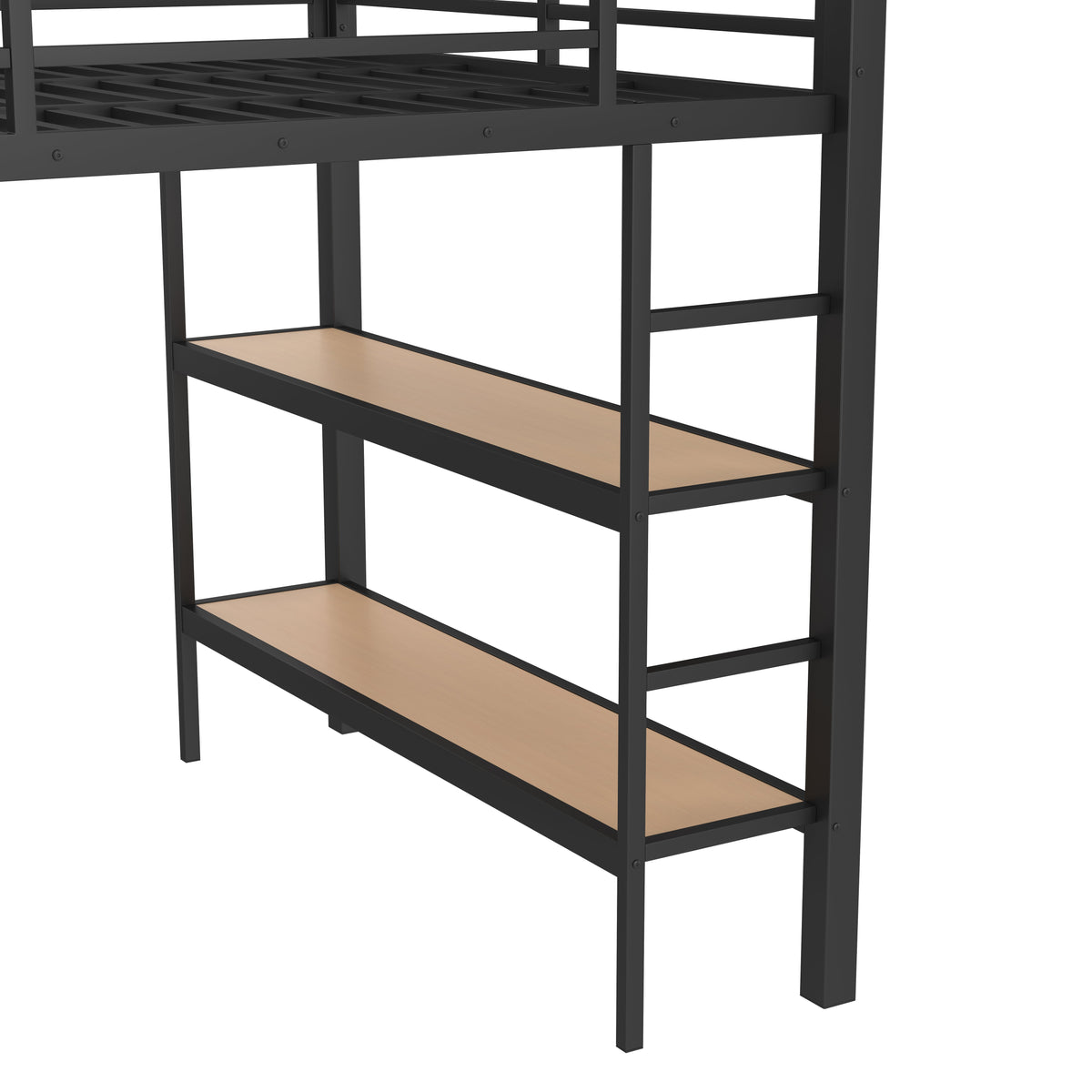 Lilwen black loft bed showing metal frame and shelf detail