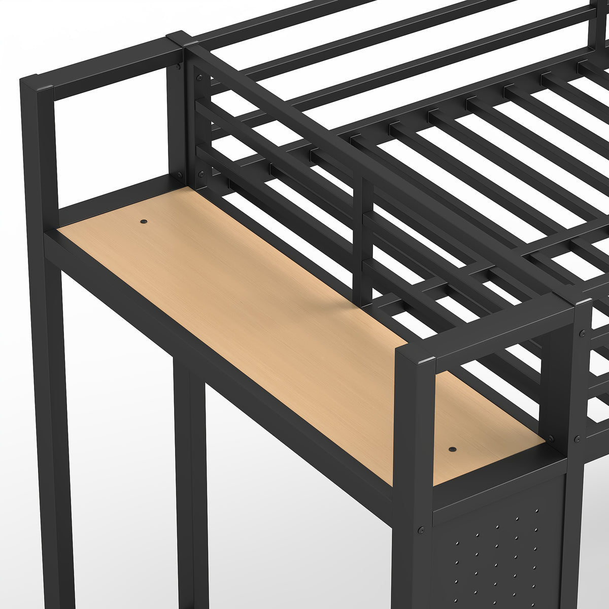 Lilwen black loft bed showing storage shelf