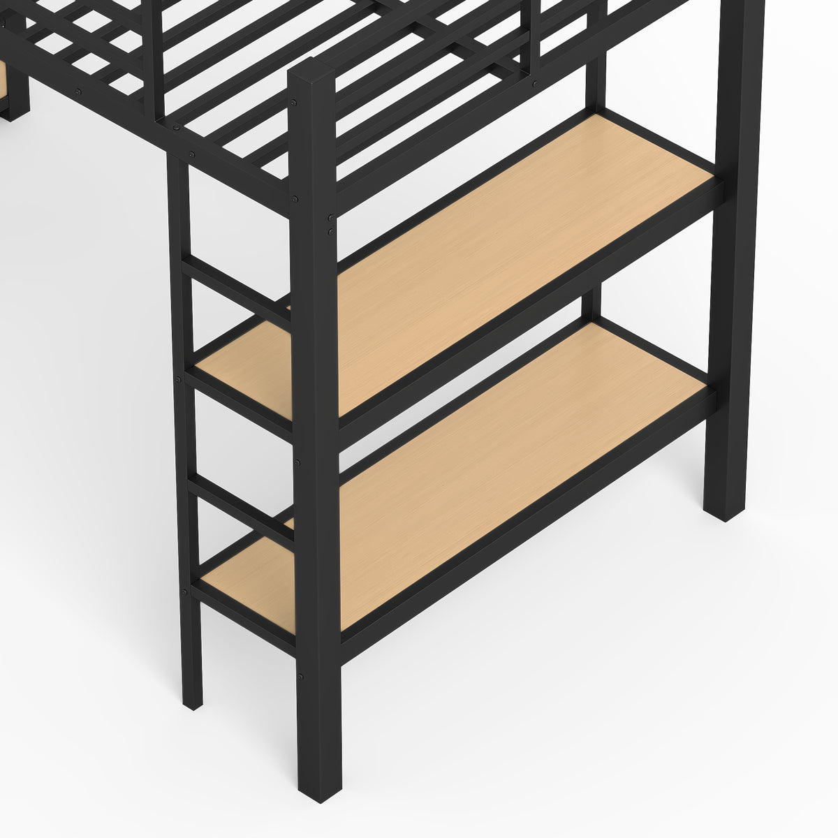 Lilwen black loft bed showing storage shelf