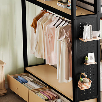 Lilwen black loft bed showing open wardrobe detail
