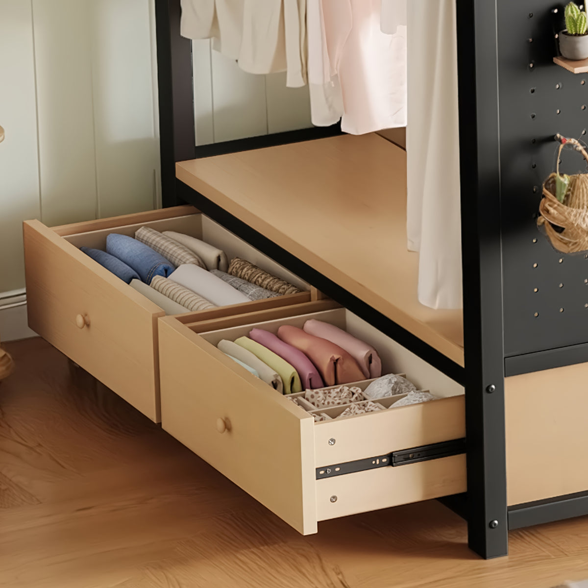 Lilwen black loft bed showing drawer storage detail
