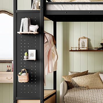 Lilwen black loft bed showing pegboard shelf detail