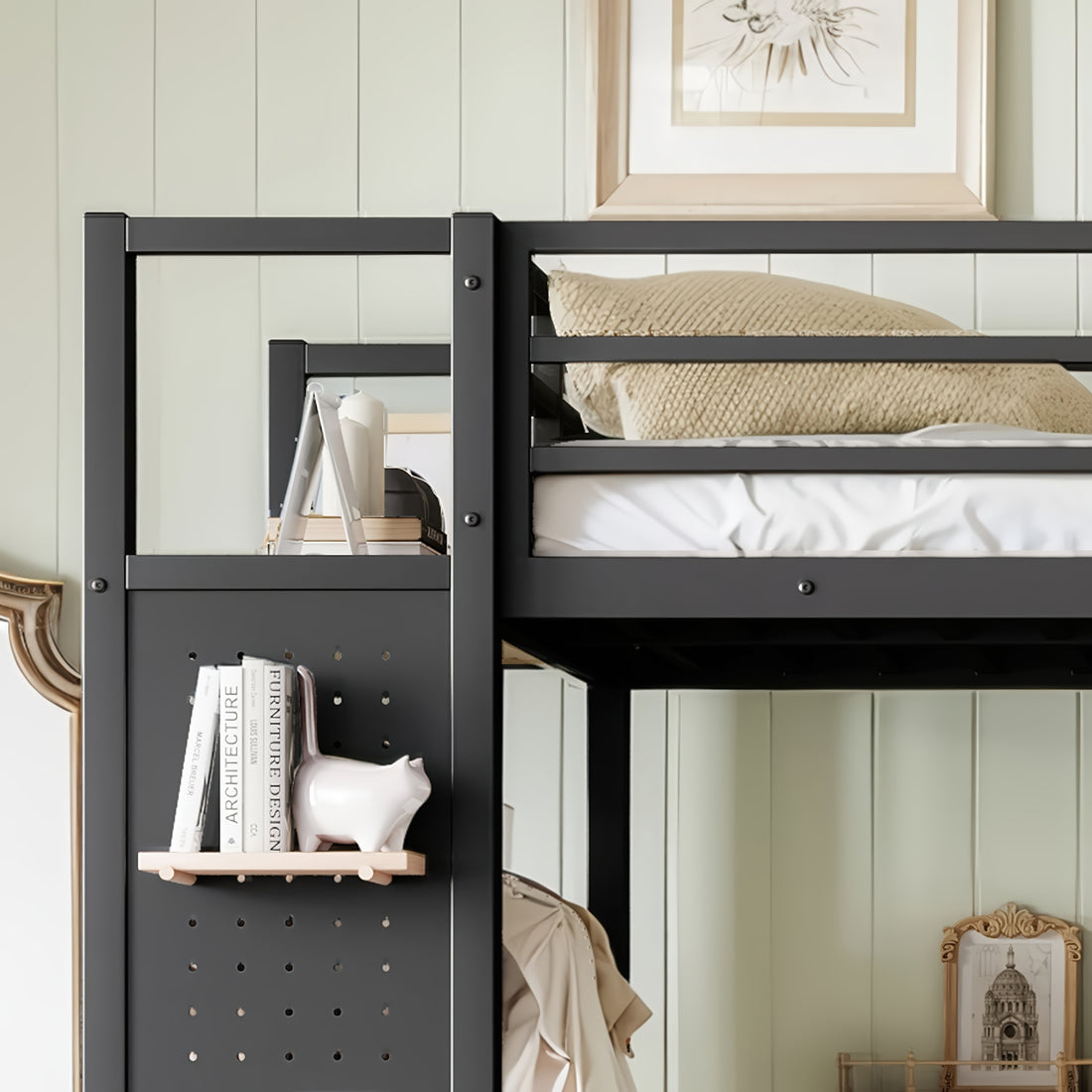 Lilwen black loft bed showing pegboard shelf detail