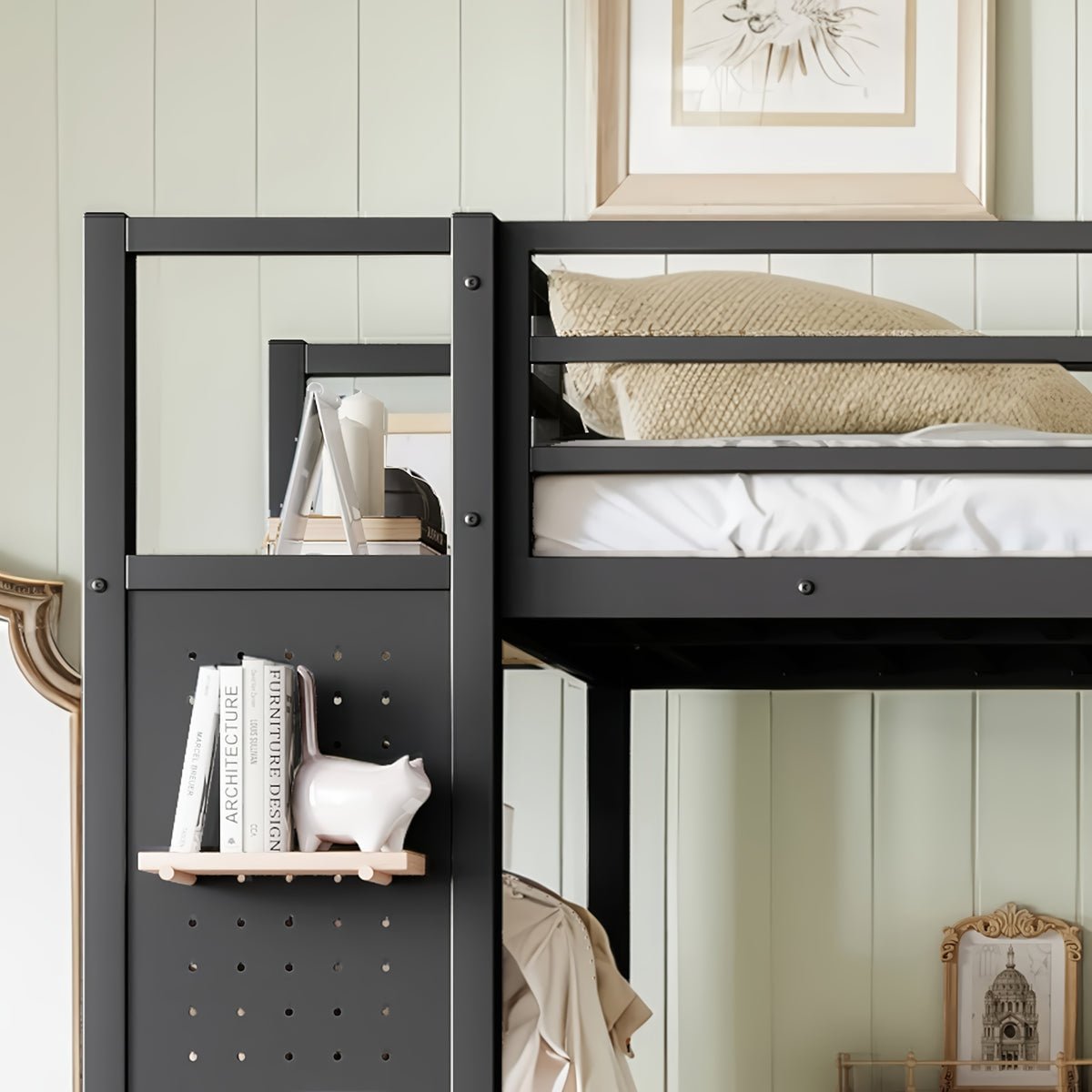 Lilwen black loft bed showing pegboard shelf detail