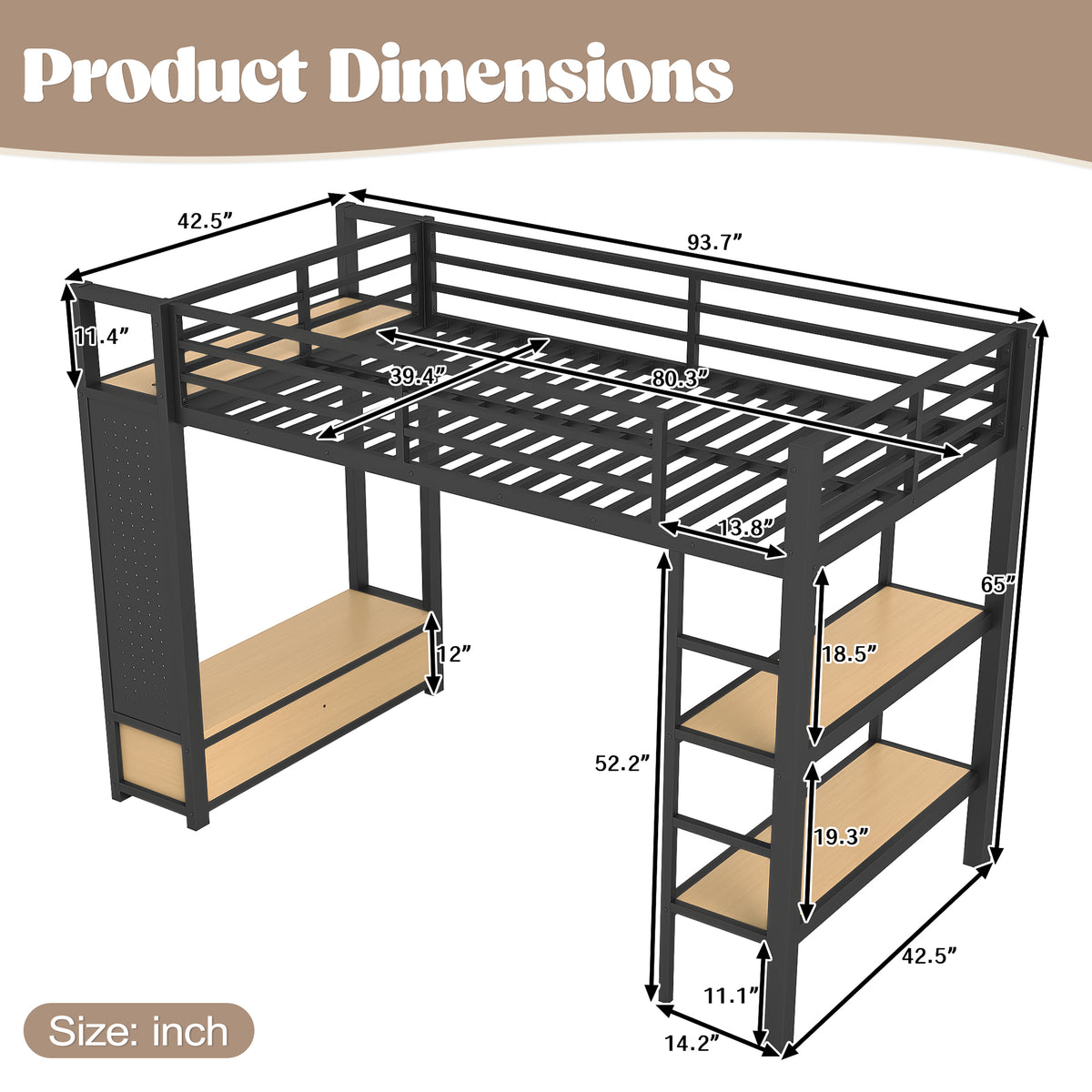 Lilwen black loft bed showing dimensions