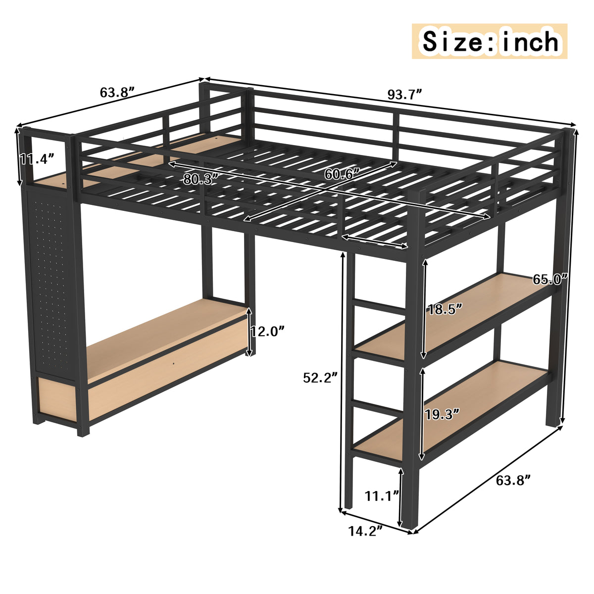 Lilwen black loft bed showing dimensions