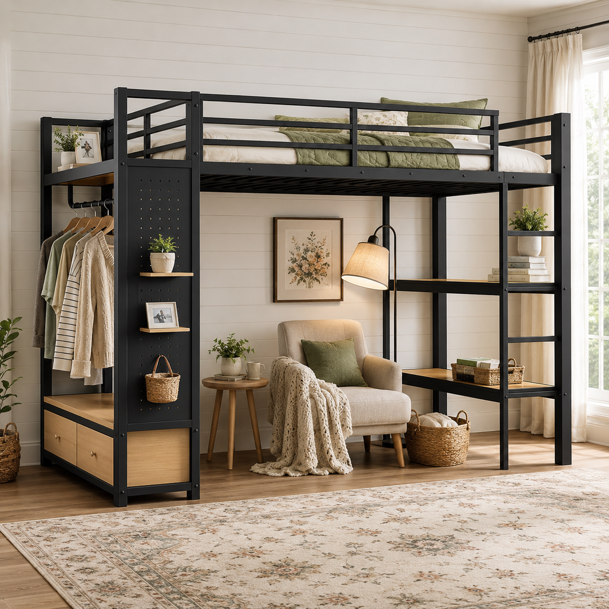 Lilwen black loft bed showing a twin xl loft bed with open wardrobe pegboard and storage drawers in a styled bedroom