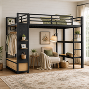 Lilwen black loft bed showing a twin xl loft bed with open wardrobe pegboard and storage drawers in a styled bedroom