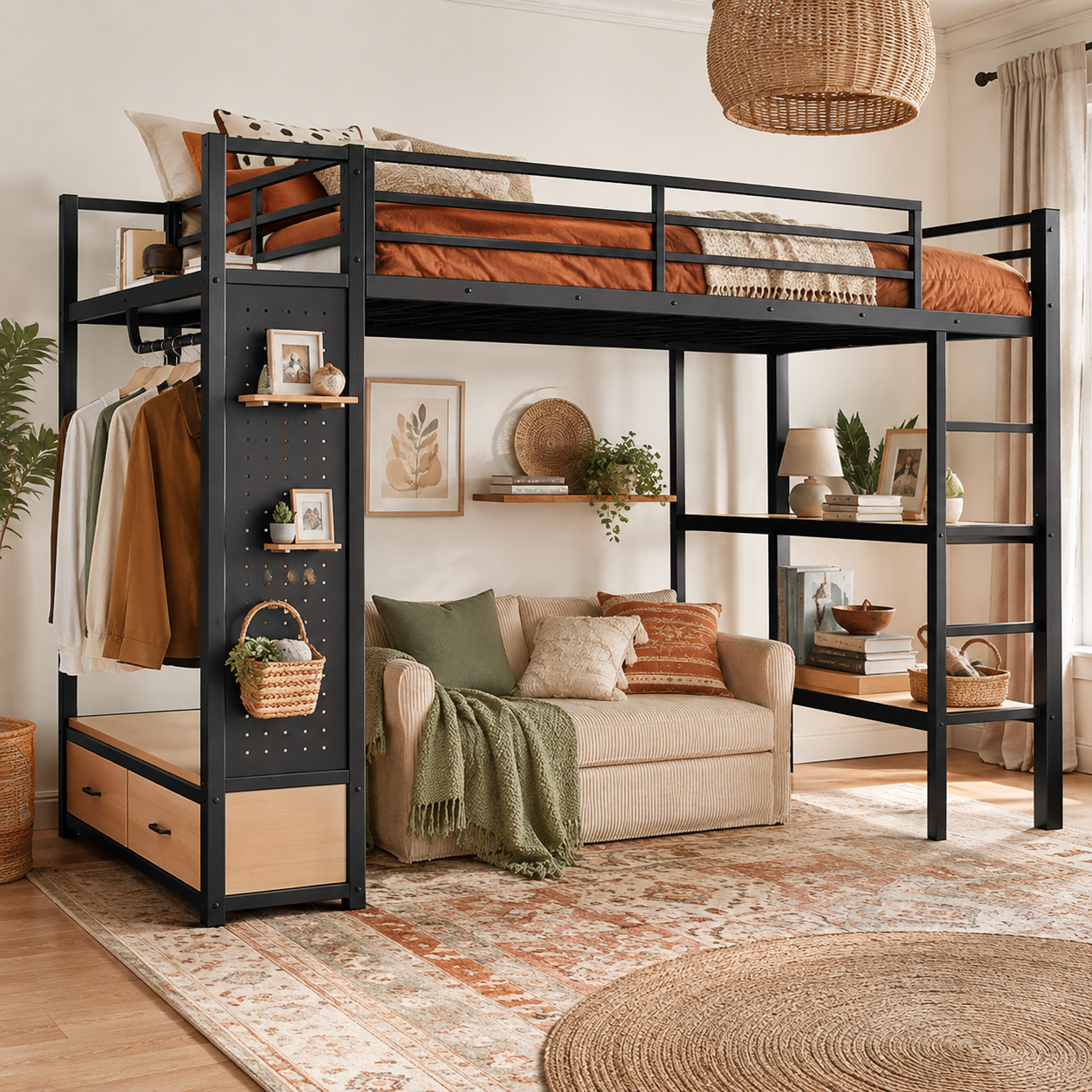 Lilwen black queen size metal loft bed with open wardrobe pegboard and storage drawers in a cozy bedroom