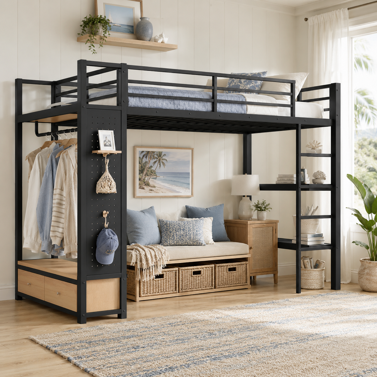 Lilwen black loft bed showing the loft bed with underbed lounge area wardrobe and shelving in a bright room