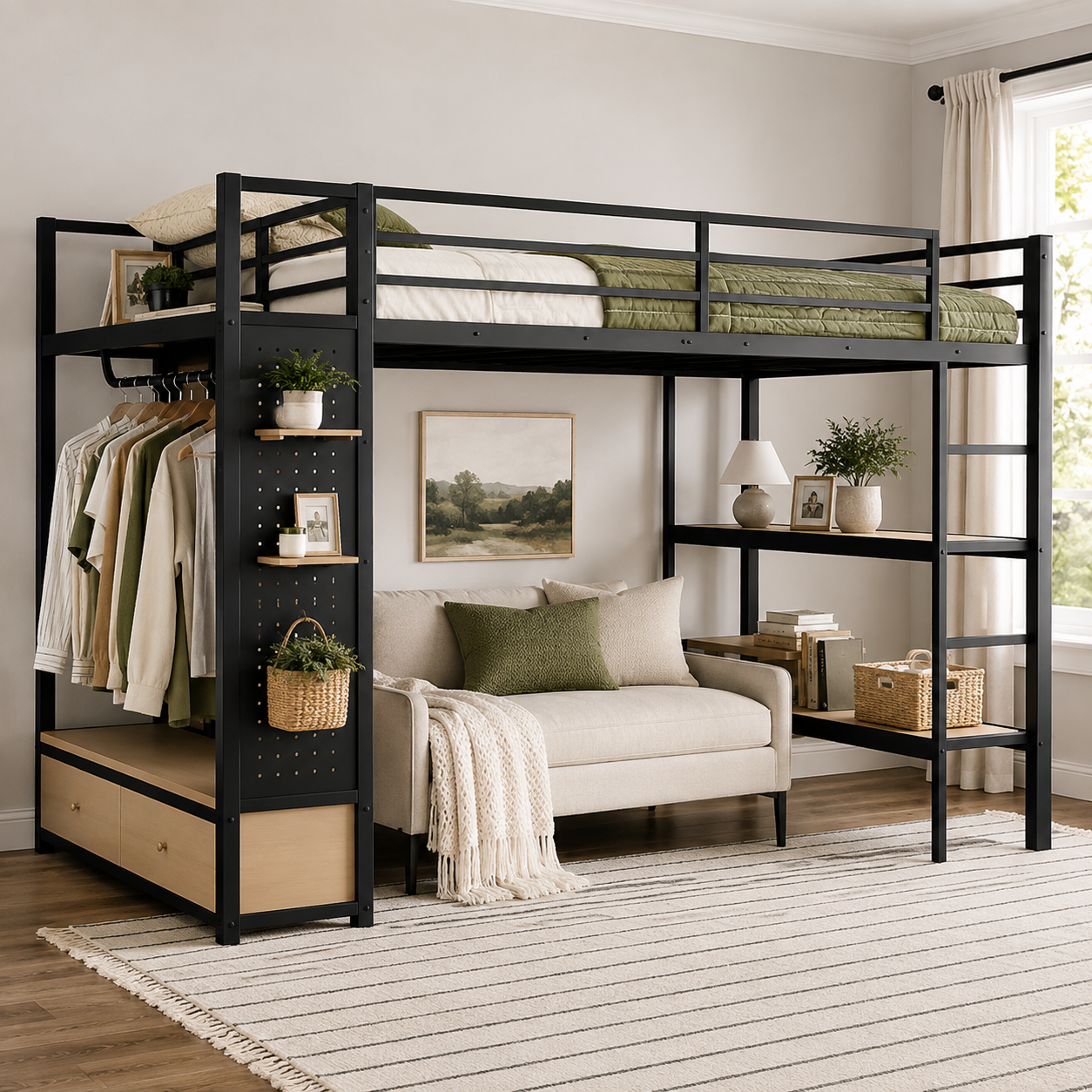 Lilwen black queen size metal loft bed with shelves and wardrobe in a bright modern bedroom