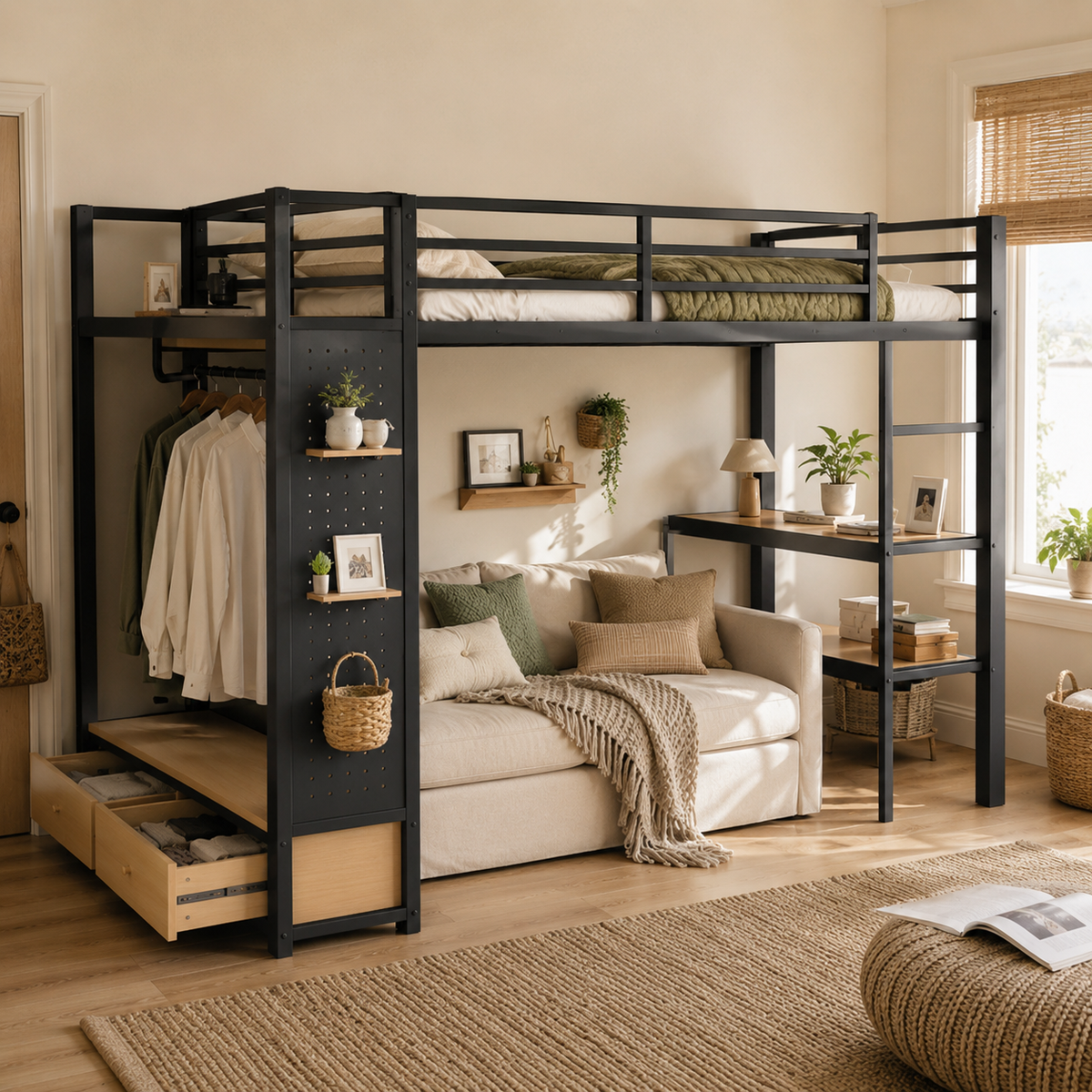 Lilwen black loft bed showing a bedroom setup with open wardrobe pegboard and storage drawers