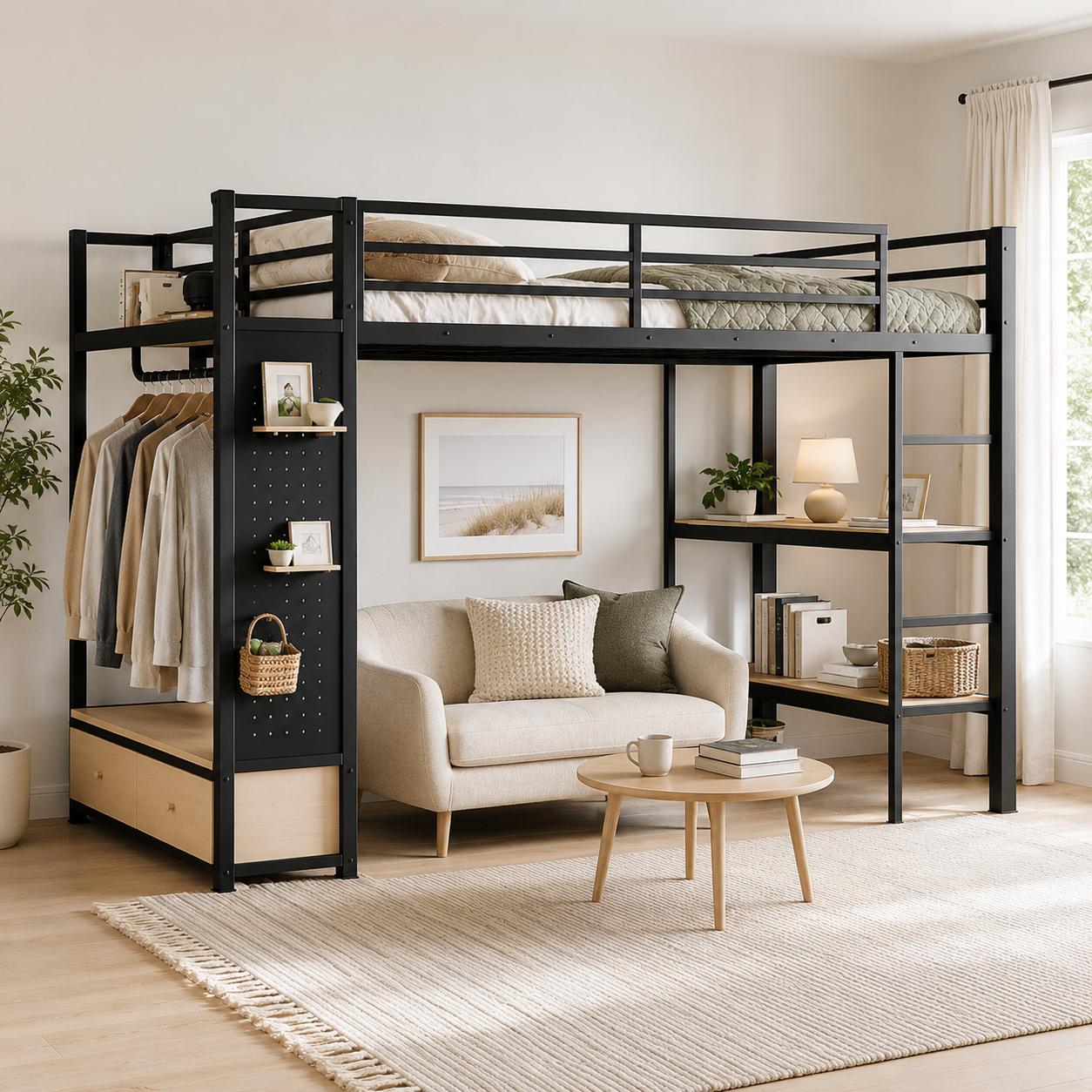 Lilwen black queen size metal loft bed with pegboard and lower seating area in a bedroom