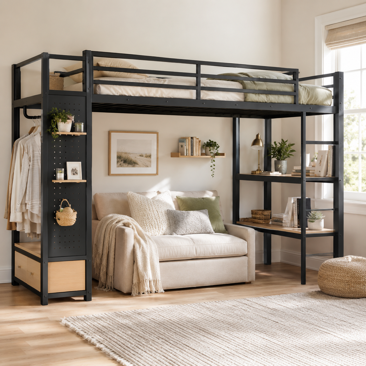 Lilwen black loft bed showing the loft bed with integrated storage and underbed living space